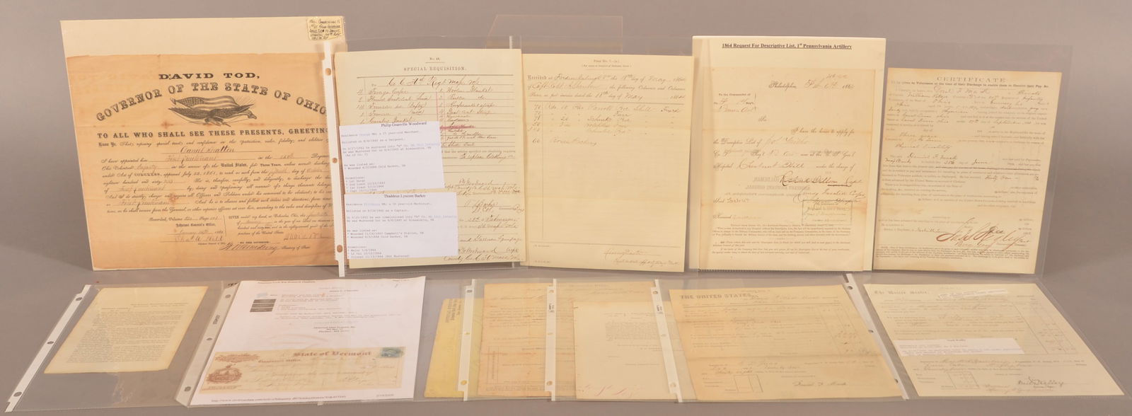 Sm. Group of Civil War Docs from Various Regiments: 1st Pa light artillery, 51st Ohio, 2nd Pa Reserves, draft notice from Mt Joy Township, PA, letter from Port Hudson to wife of Governor of Massachusetts and 36th Mass, discharge paper 124th Ohio,1st VT