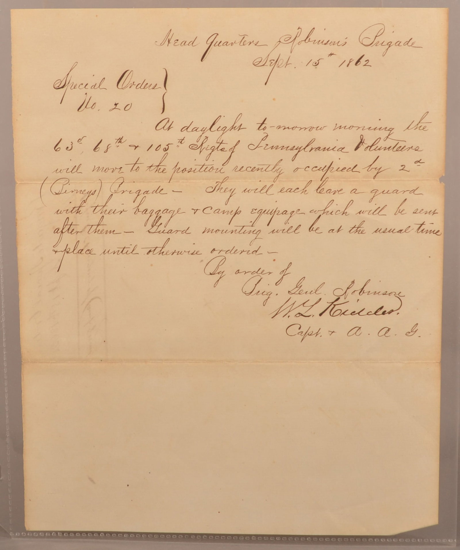 Antietam Campaign 63rd/68th/105th Penna. Document: Interesting single sheet order by B.G. John Robinson directing these 3 regiments to replace Birney's Brigade which led to them missing the Battle of Antietam. Dated 9/15/62 from Robinson's HQ.