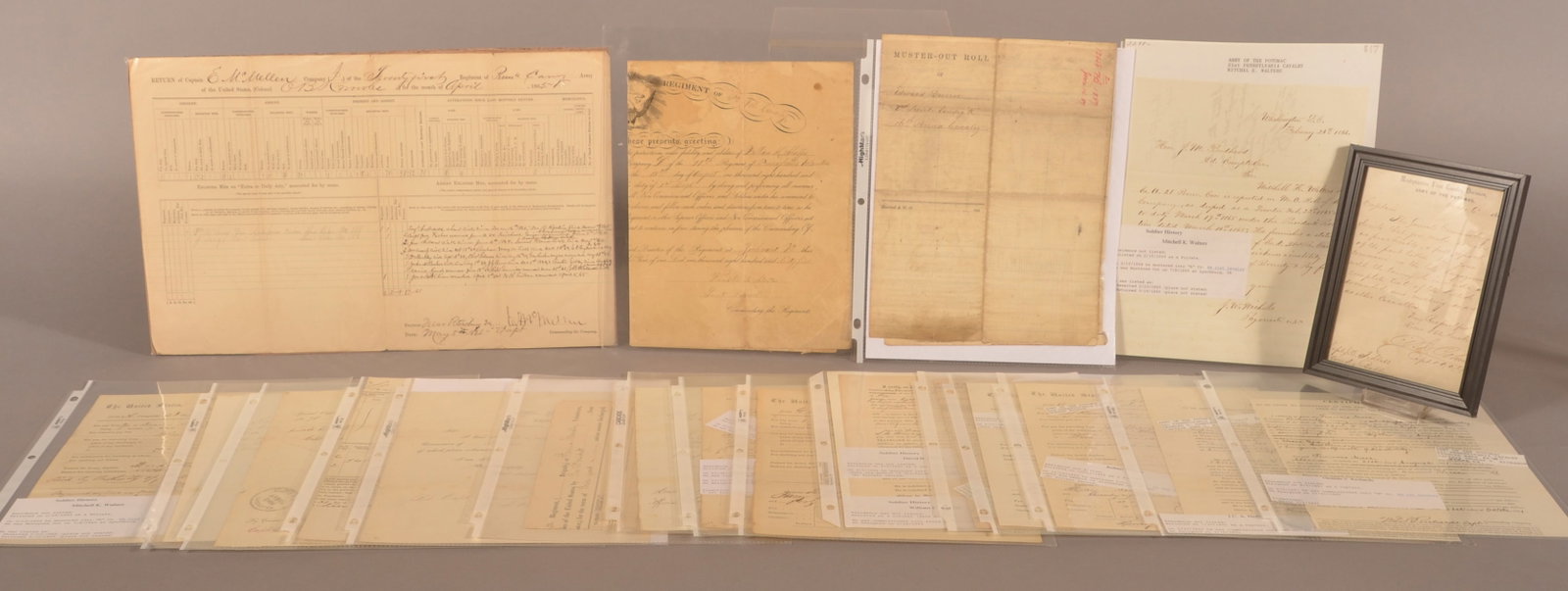 20 Documents from Pennsylvania Cavalry Regiments: Most are preprinted and filled in for individual troopers. Regiments represented include the 1st, 2nd, 3rd, 4th, 6th,15th, 16th, 19th, 21st, officer's commission for 11th and a written order from HQ 1