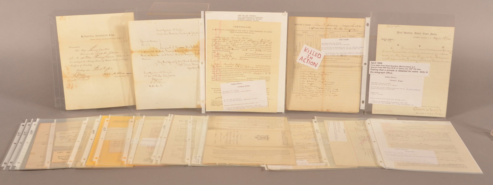 27 Civil War Documents from PA Infantry Regiments: Mix of preprinted documents, documents done in the field and letters from the following regiments: 84th, 88th, 91st, 93rd, 98th, 100th,102nd,103rd,104th,107th,109th,110th, 111th,114th,118th,119th (let