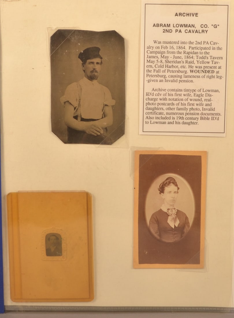 Archive Belonging to Abraham Lowman, 2nd PA Cav.: Various documents including pension requests and family photos. Notes a bible once belonged with group, but is not present.