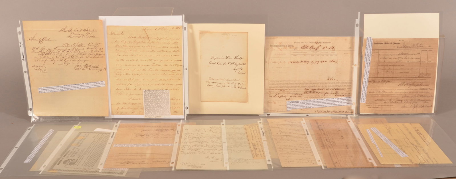 Collection of Confederate Georgia Documents: Collection of (13) items including: Pre-war letter dated 3/18/1808 from Savannah written by David Bradie Mitchell who was the 9th Governor of the state. Autograph of Benjamin Rice Holt, Co. A 5th GA. 