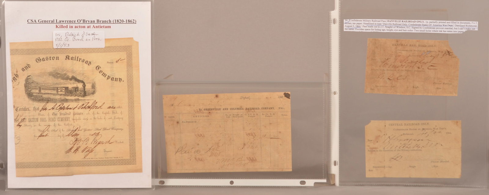 Confederate Railroad-Related Civil War Documents: Totaling 4 documents. One from the Danville RR dated 8/5/64 given as a pass for JT Seagler of Windsor, SC. One for Greenville and Columbia RR Co. for hauling freight. Pass for the Central RR dated Ric
