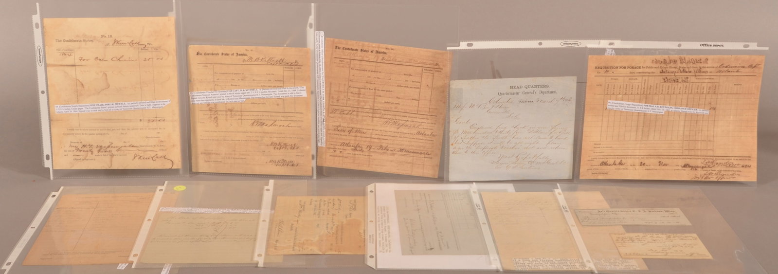 Confederate Quartermaster Civil War Documents: Mostly pertaining to general requests for forage. One document pertains to Alcorn's Brigade from Mississippi. Others relate to Battery No. 9 Richmond, 7th Louisiana, Hart's Horse Battery and Army of t