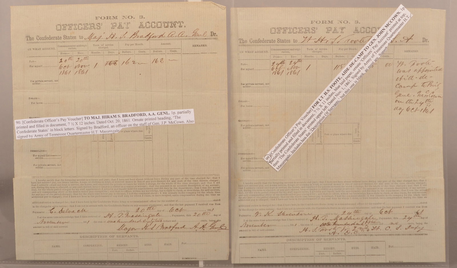 2 Confederate Officer's Pay Account Documents: Preprinted forms filled out in ink both dated 1861.