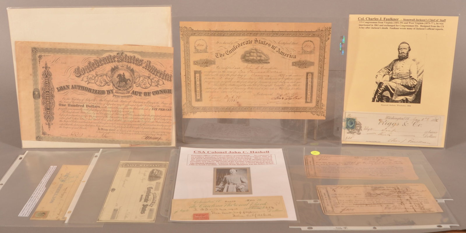 Lot of 8 Confederate Bonds and Checks: One check signed by Stonewall Jackson's Chief of Staff, dated 5/1/1876 and two Confederate bonds for $100.