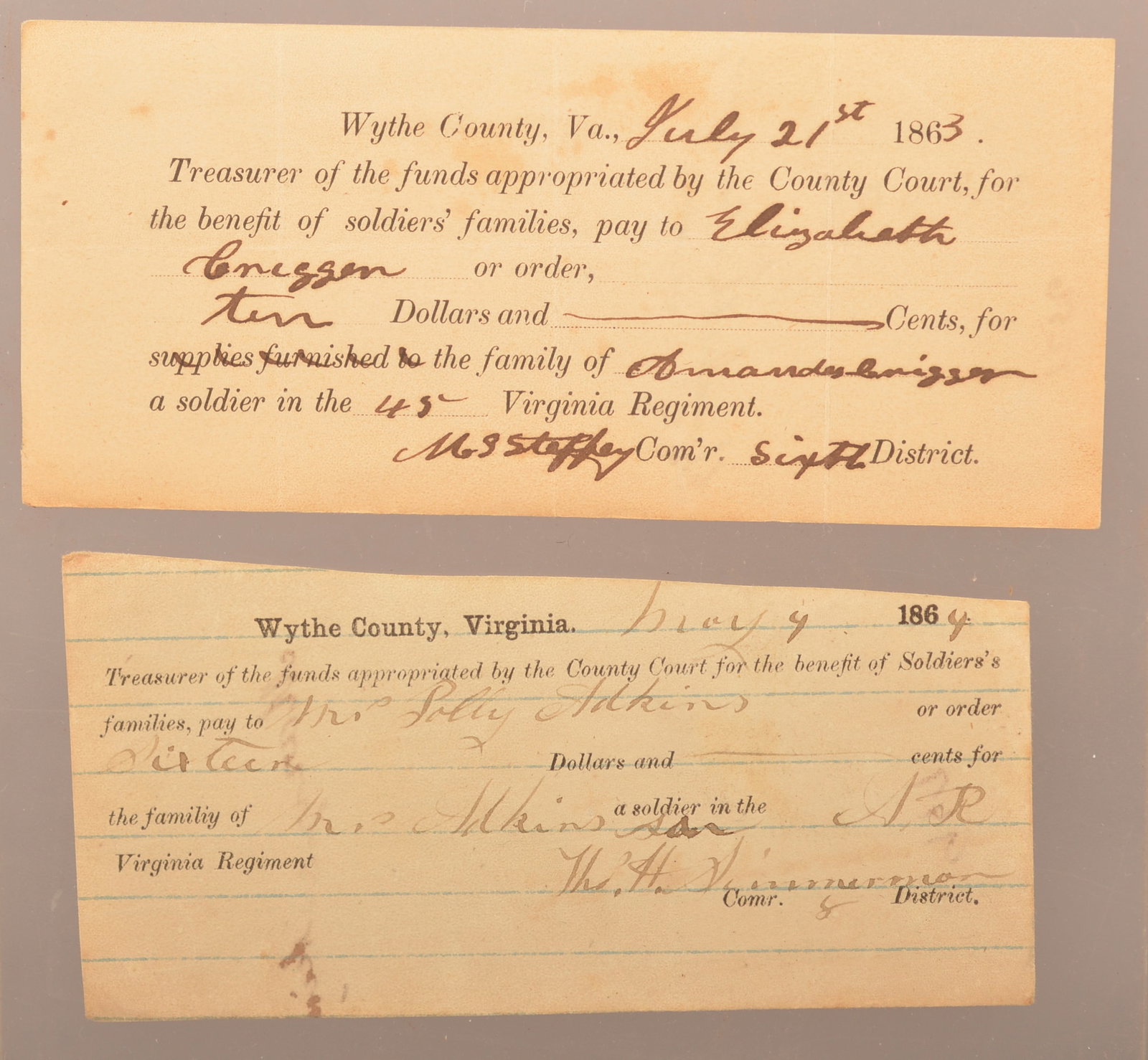 2 Preprinted Wythe County, Va Benefit Documents: Unresearched, presumably providing funds to the families of men killed in action. One dated July 21st 1863 and the other May 4, 1864. Preprinted and filled out in ink.