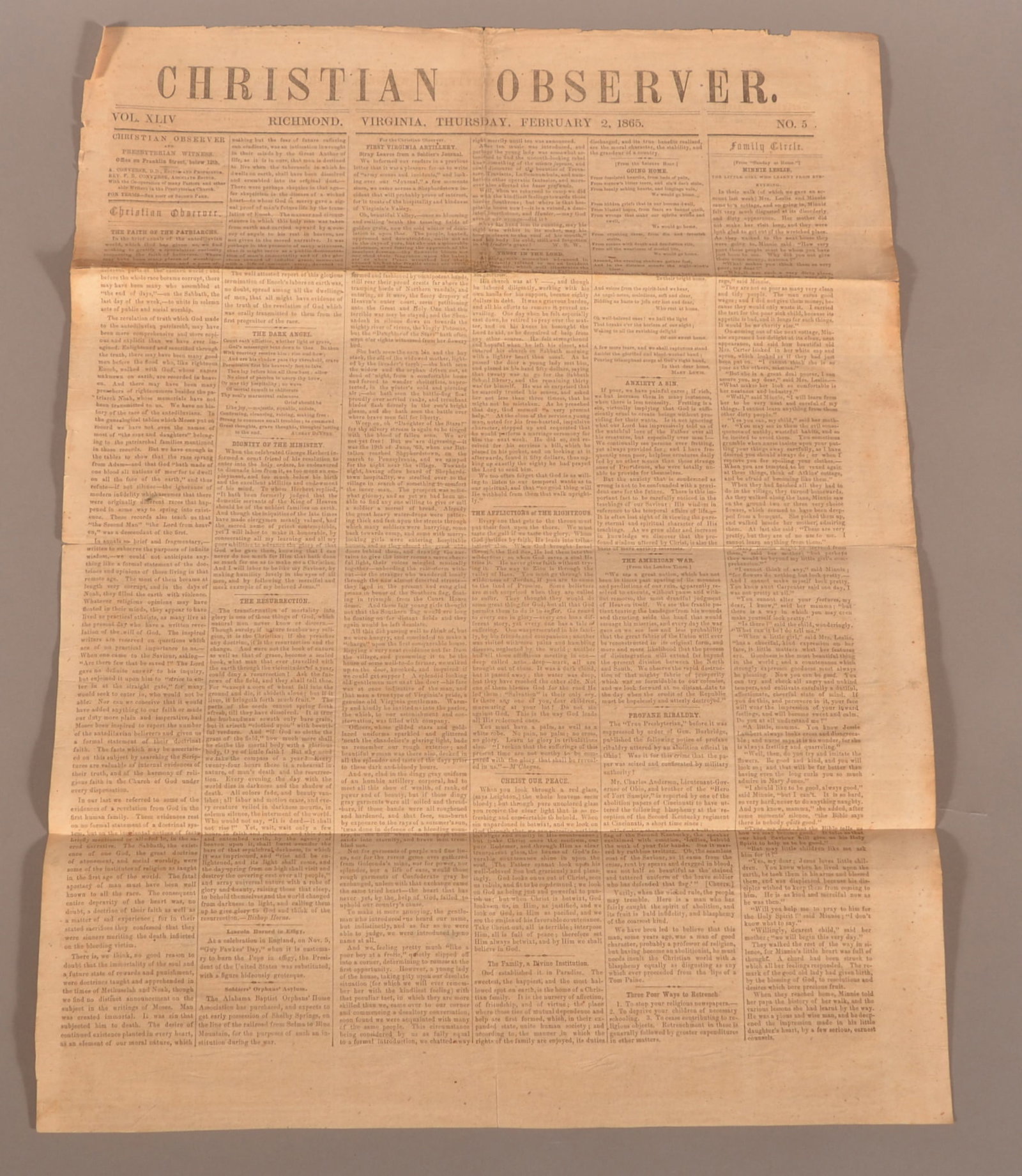 Confederate Richmond, VA "Christian Observer" News: Broadside/newspaper dated February 2,1865. Large single sheet, front and back. Includes an article on the First Virginia Artillery. Toning, creasing and edge chipping.