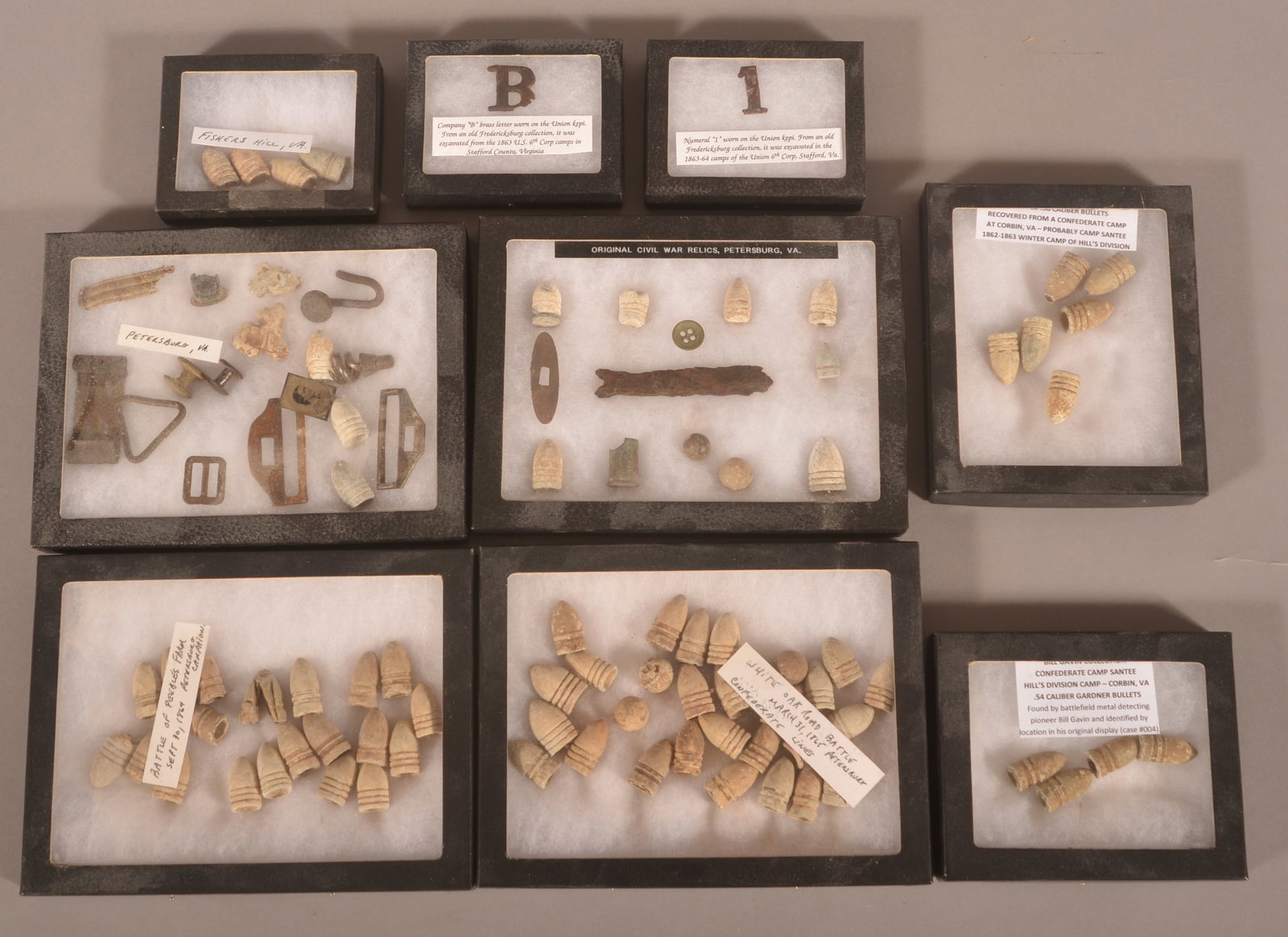 Relics Recovered from Battlefields in Virginia: 9 Riker cases with accompanying tags noting they were recovered from Fisher's Hill, Petersburg and various camps.