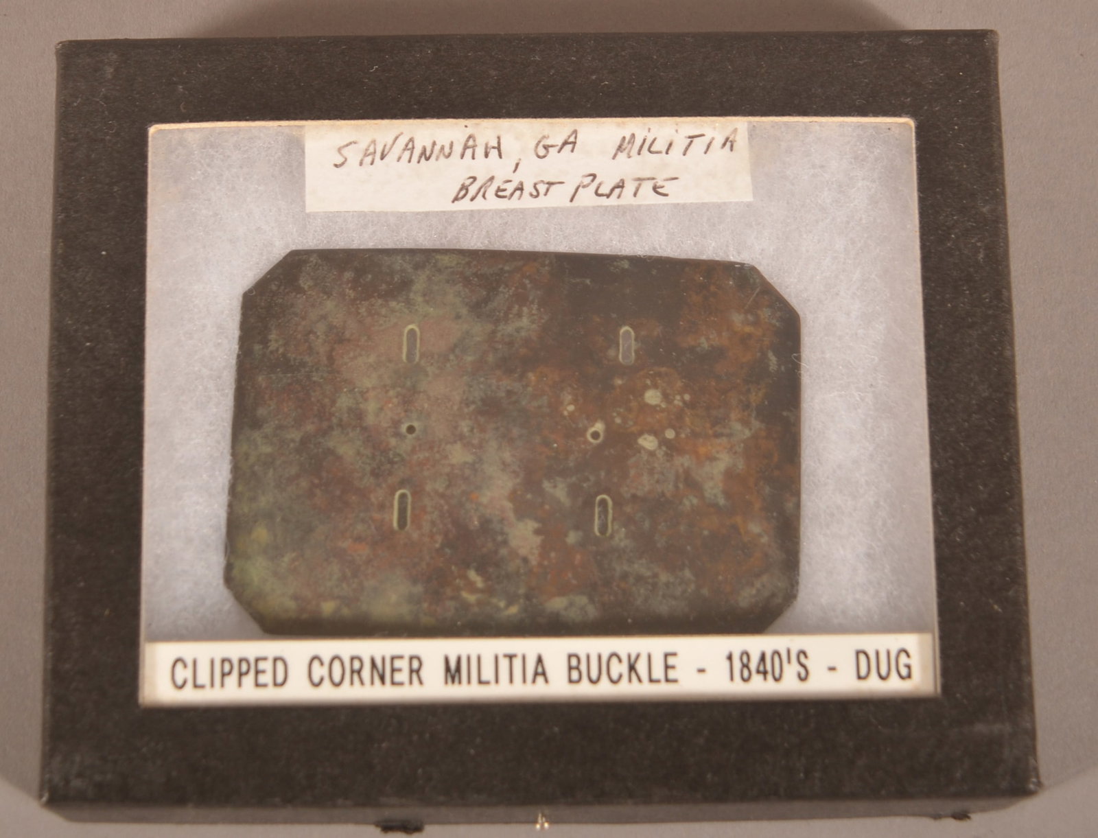 Relic Militia Breast Plate Savannah, GA: Pre-Civil War clipped corner breastplate noted as being dug in Savannah.
