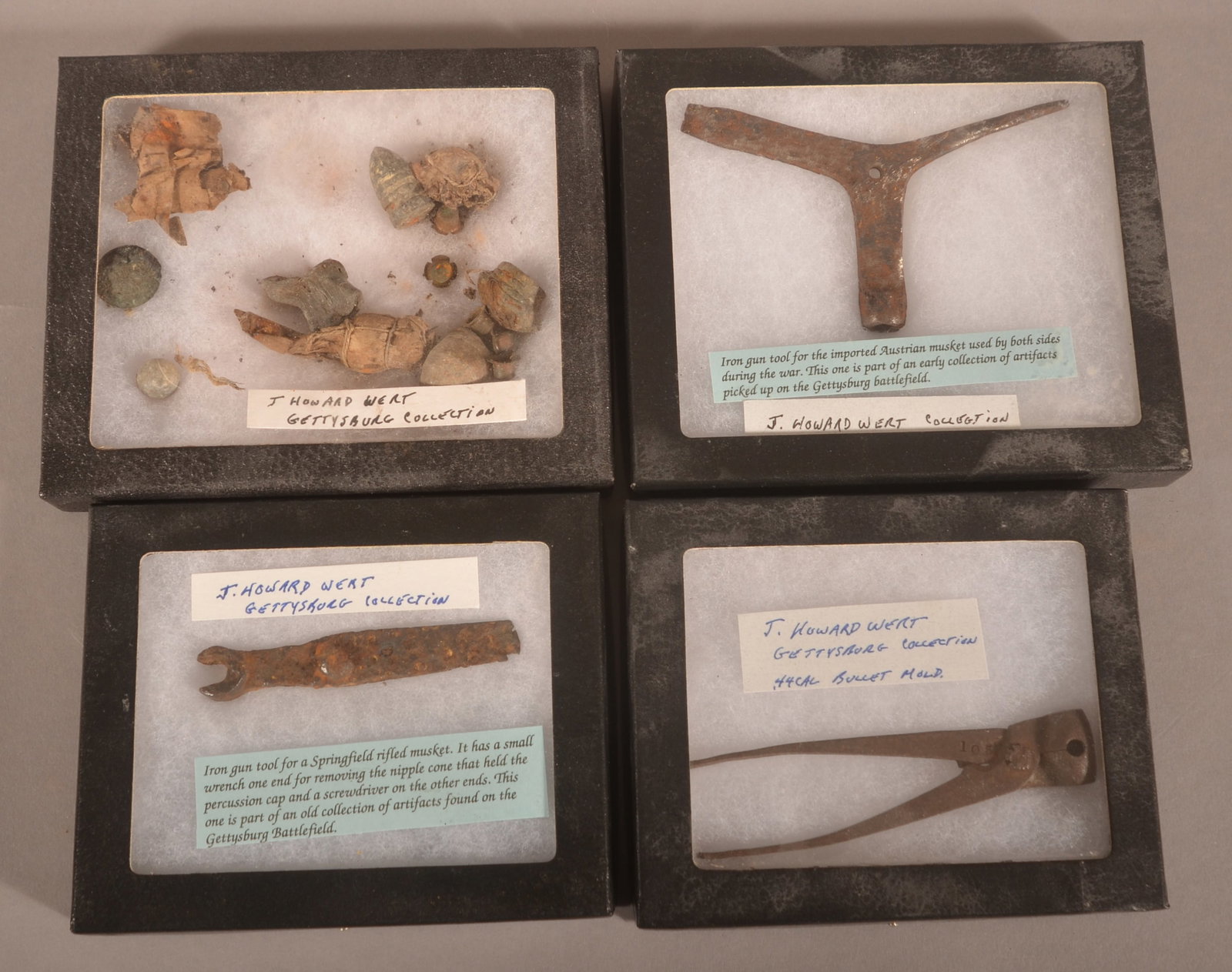 Gettysburg Relics, J. Howard Wert Collection: 4 Riker cases each noted as coming from the famous Wert collection. During the Battle of Gettysburg, Wert acted as a guide for Gen. George Meade. A local and recent college graduate, he began collecti