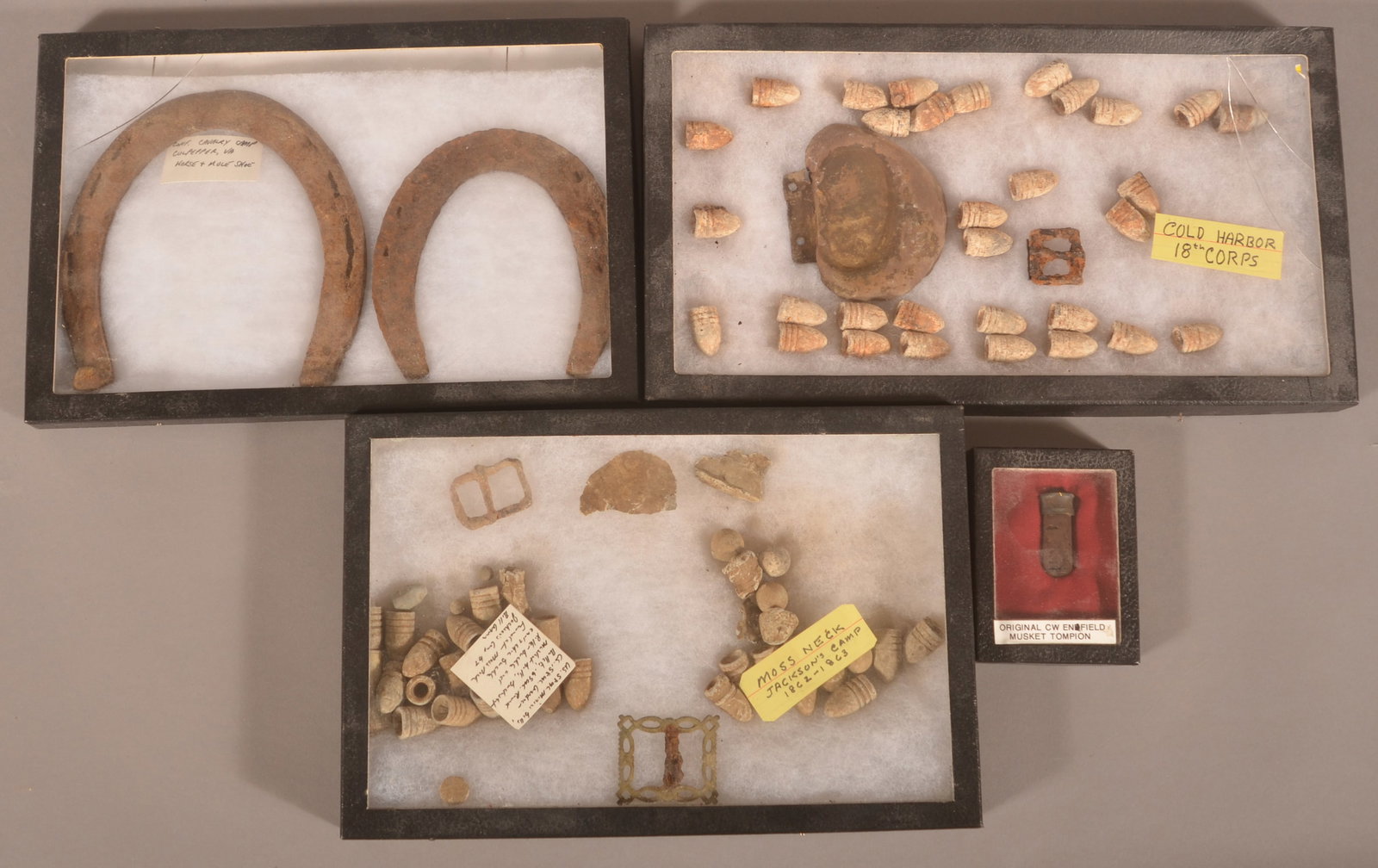 Civil War Dug Relics Including Enfield Tompion: 4 Riker cases with relics. One group noted as "Moss Neck Jackson's Camp".