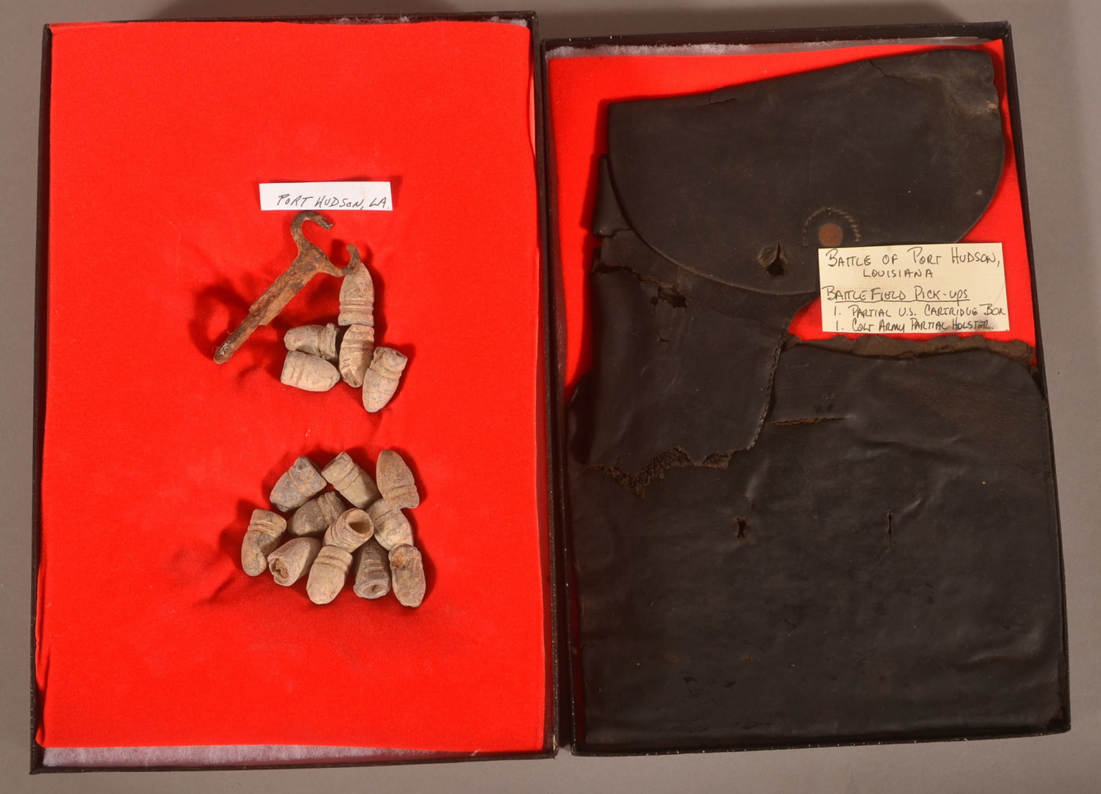 Civil War Relics from Port Hudson Battlefield: 2 cases, one containing mostly rifle rounds and the other containing a partial US Cartridge Box and partial Army Holster.