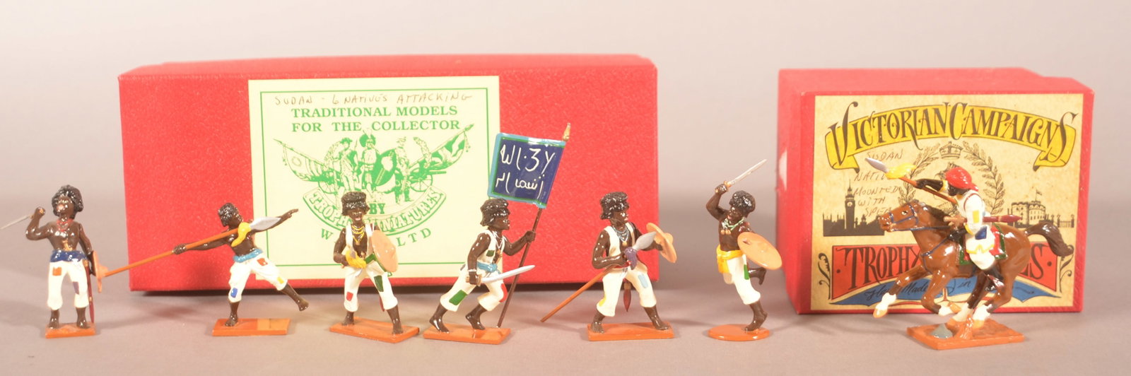 Trophy Miniatures-Victorian Campaign: One Sudan mounted native with spear and 6 natives attacking with flag bearer.
