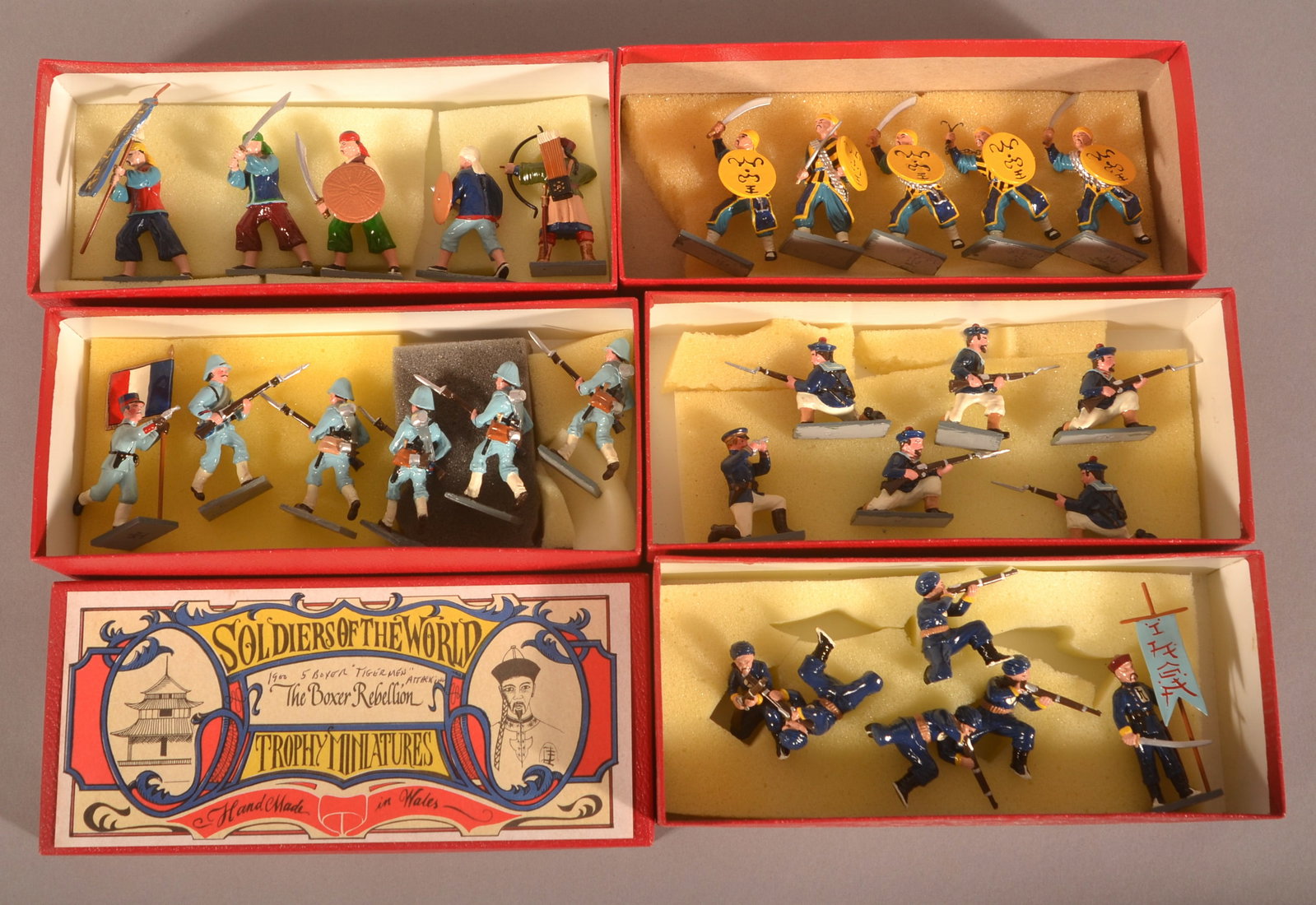 5 Boxer Rebellion Trophy Soldiers of the World: miniatures sets include BS 31 "Tiger Men", BS 29 French Marines, BS 33 Boxers attacking. BS 31 French Sailors and Officer, BS 33 Chinese Imperial officer and 5 men. In original boxes.