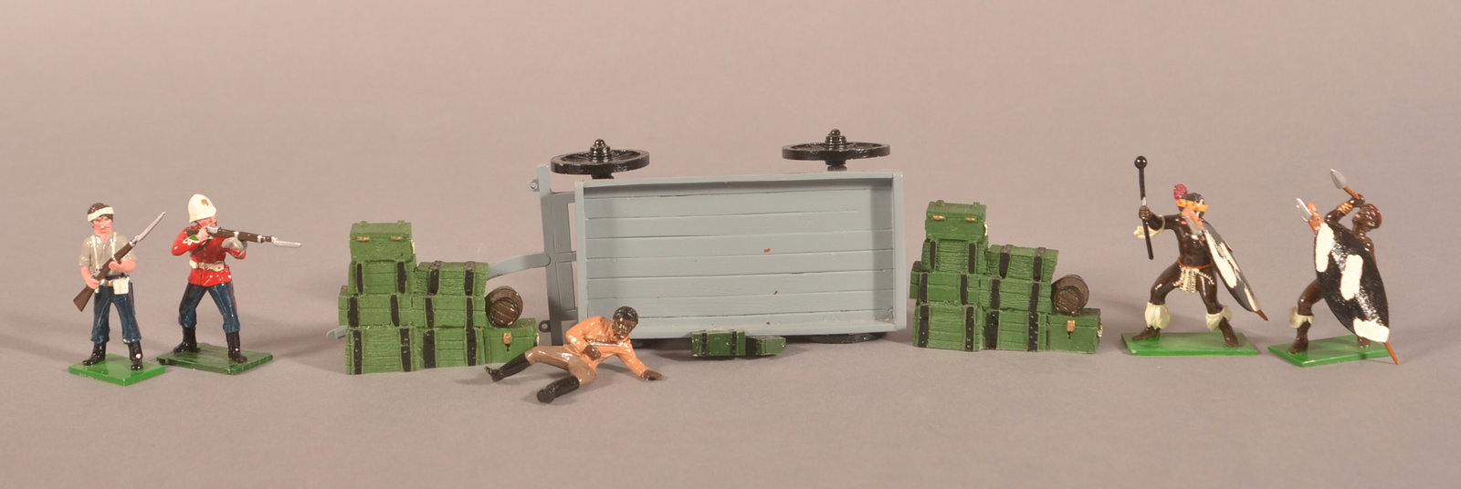 Soldiers of the World Zulu War Trophy Miniatures: "Behind the Barricade" includes wagon, ammo crates, 2 Zulus and 3 defenders.