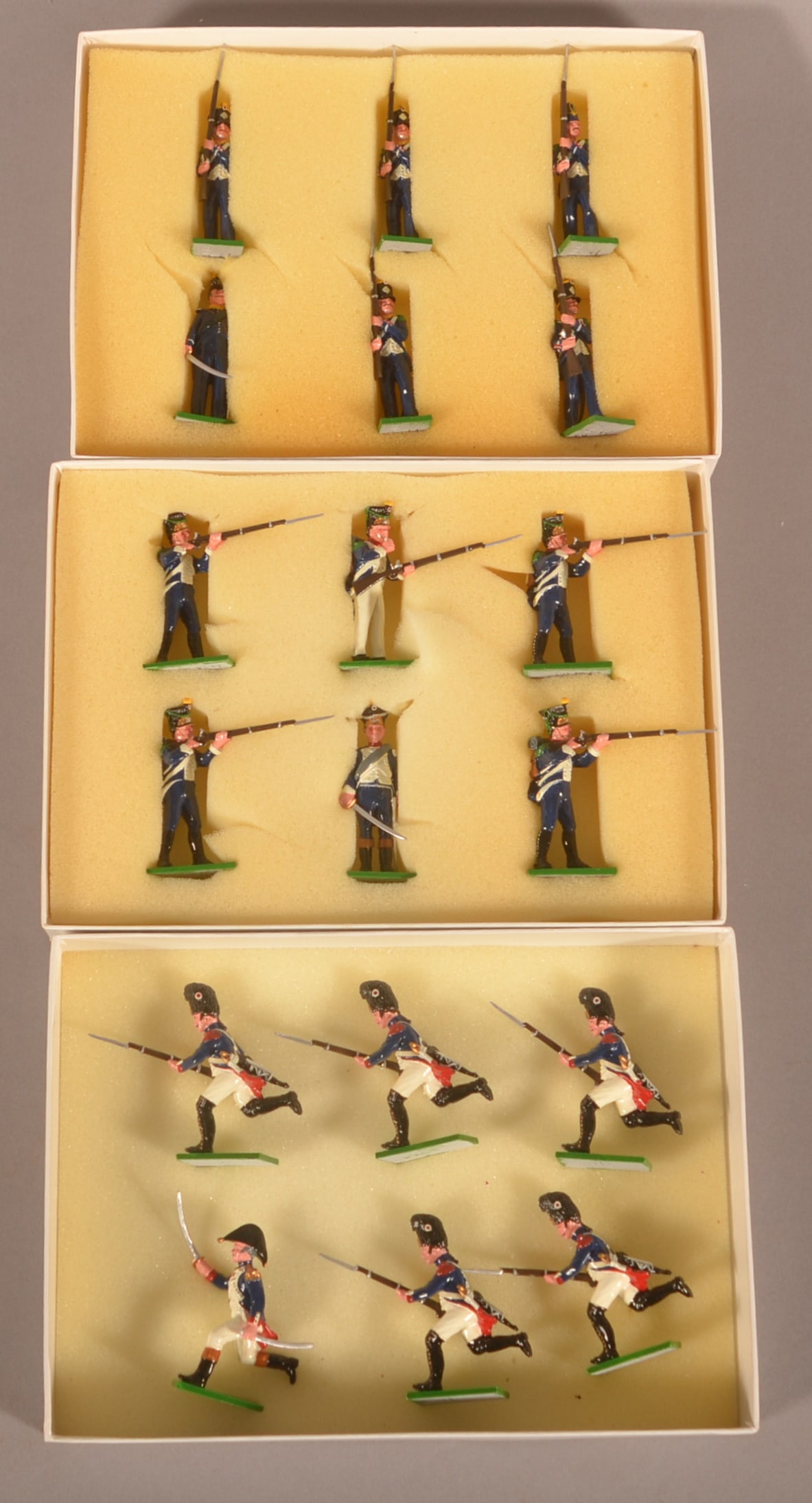 3 Soldiers Of The World Trophy Miniatures Sets: Painted lead soldier Napoleonic War sets include Set No. WA31A Polish Infantry Voltiguer Company, Set No. WA33 9th Reg't French Line Voltiguer Co. and Set No. WA38 2nd Regiment Grenadiers of the Imper