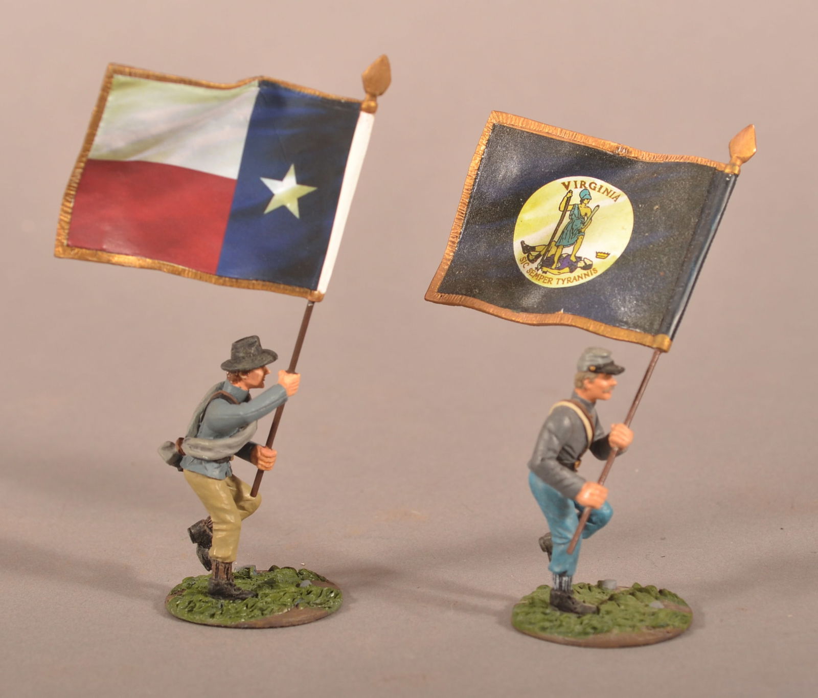 2 History Works Painted Confederate Flag Bearers: In their original boxes, one missing the padding. One carrying the Texas flag and the other the Virginia Flag.