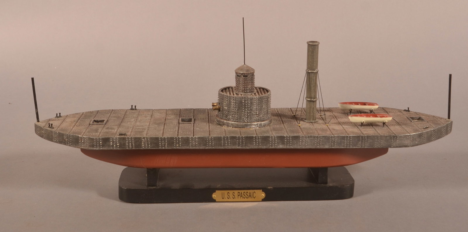 USS Passaic Civil War Miniature Ironclad Gunboat: Label underneath with 229008 and marked Made in China