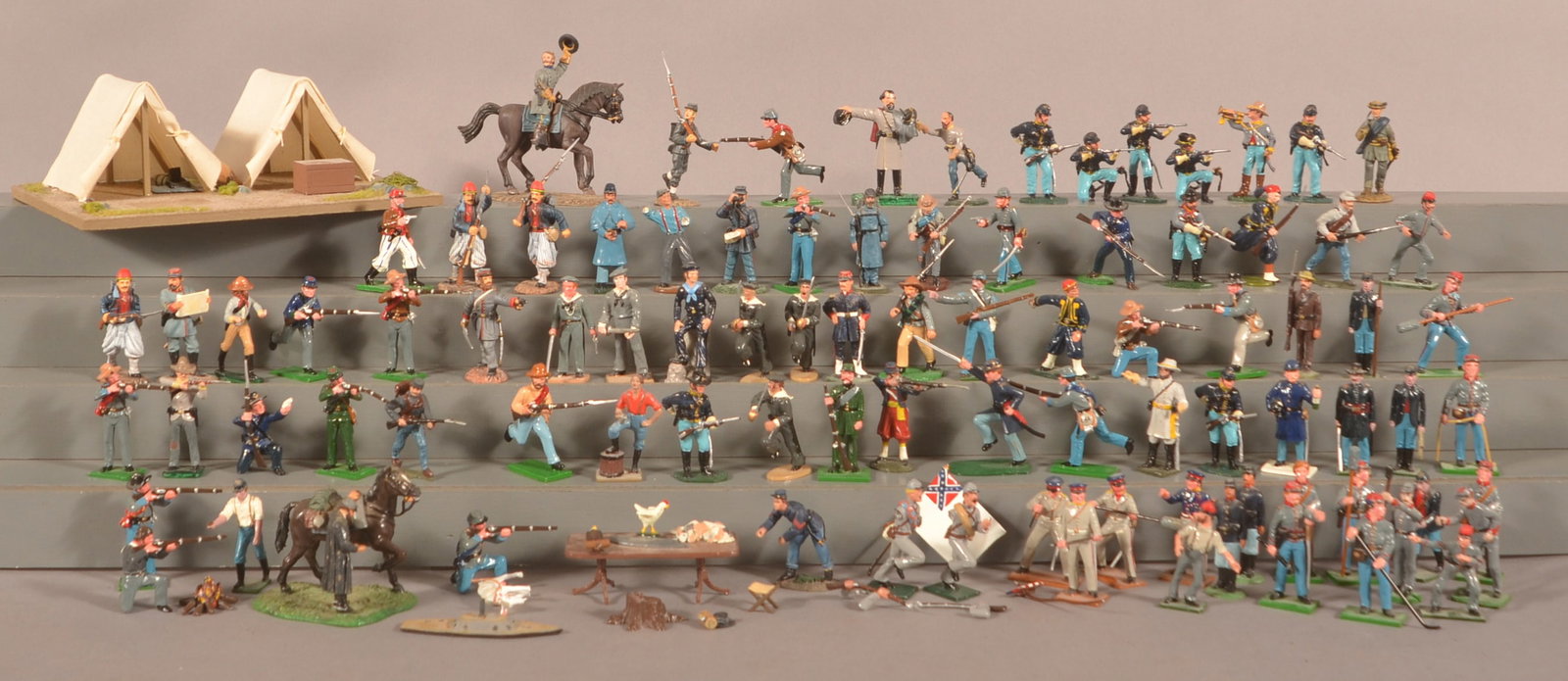 Group of Civil War Miniature Soldiers: Large group by various makers, with some accessories. Some figures damaged.