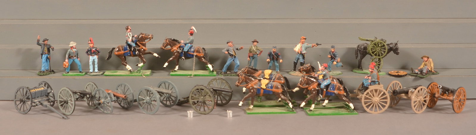Group of Civil War Painted Miniatures: Includes cannons, artillerymen, and soldiers by various makers. No boxes. Mostly very good condition.