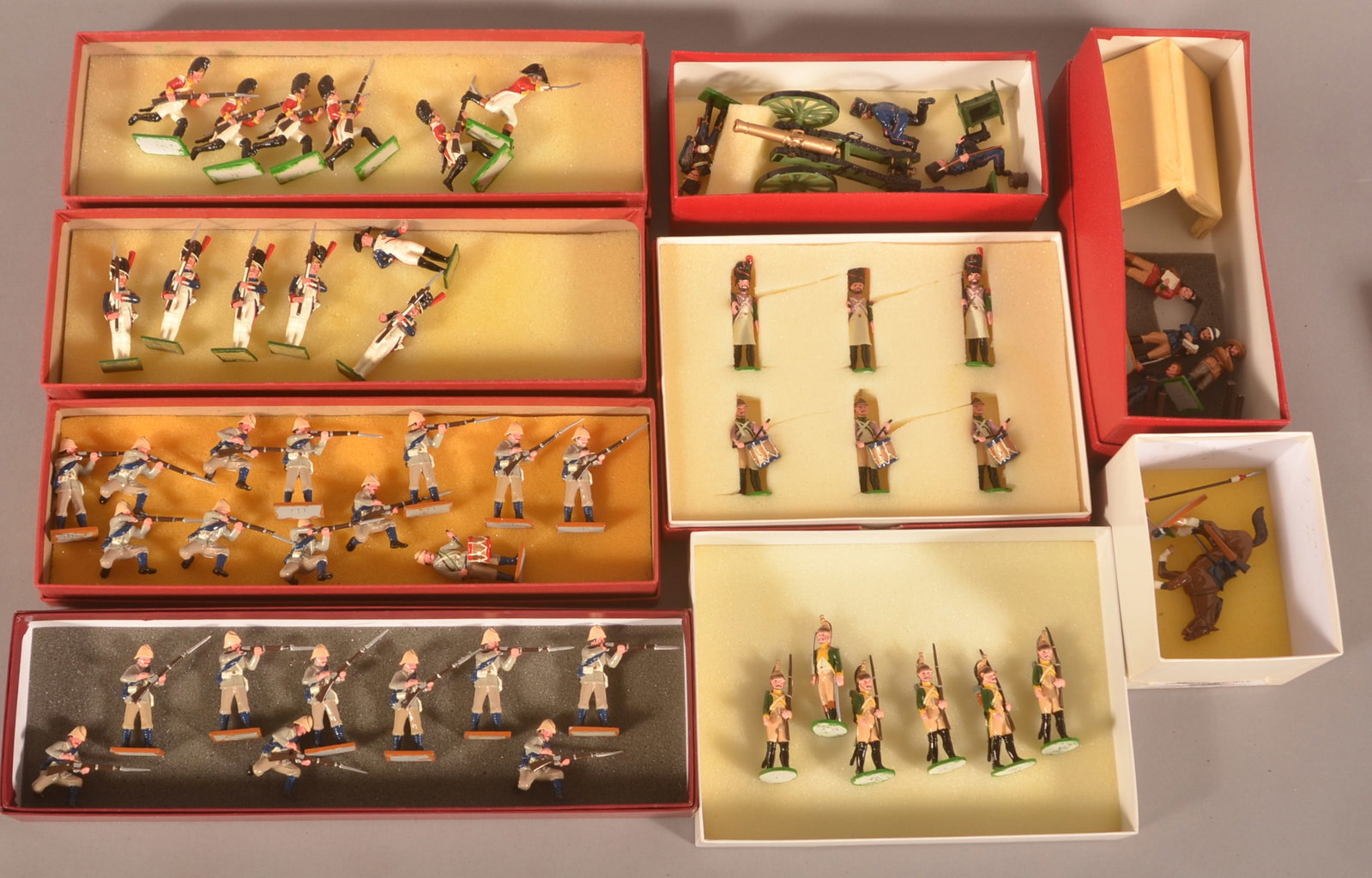 Various Sets of Miniature Painted Soldiers: Mismatched boxes include Mounted 21st Lancer, 16th Reg't Dragoons, French dismounted dragoons, 1880's Royal Marine Light Infantry, Zulu War command set, French Artillery, Dutch Grenadiers, Royal Marin