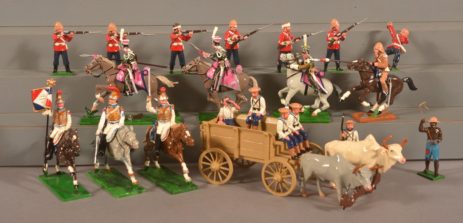 5 Boxes of Trophy of Wales Miniatures: Mismatched with boxes. Groups include Charging 21st Lancer Regt, Mounted Lancers, 24th Regt of Foot, French Carbineers, Royal Navy Oxen Wagon.