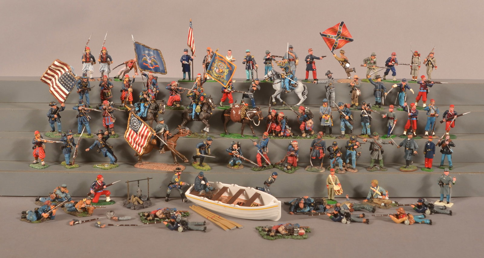 Lot of US Civil War Painted Miniature Soldiers: Various sets and makers, some damaged. 3 empty boxes for The Collectors Showcase included.
