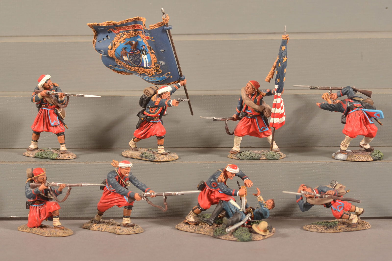 Conte Union Zouaves Civil War Soldier Miniatures: Nice group of 8 including a scene of hand to hand combat, each marked on base. Very good condition. No boxes.