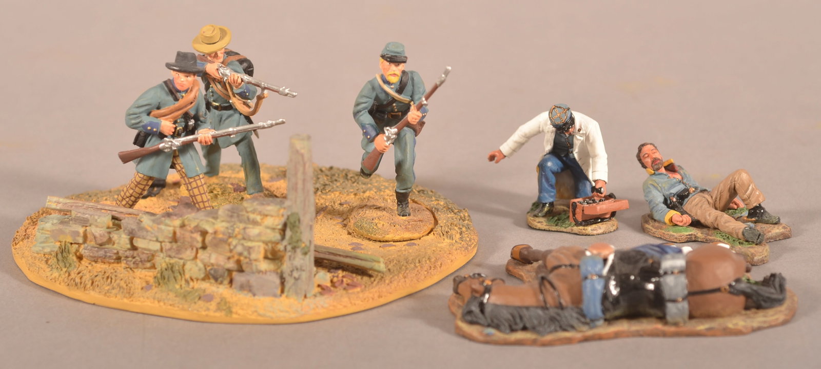 12th Tennessee Confederate Group by Conte: Missing box, excellent condition with 3-piece set by King and Country of wounded cavalryman getting treated.