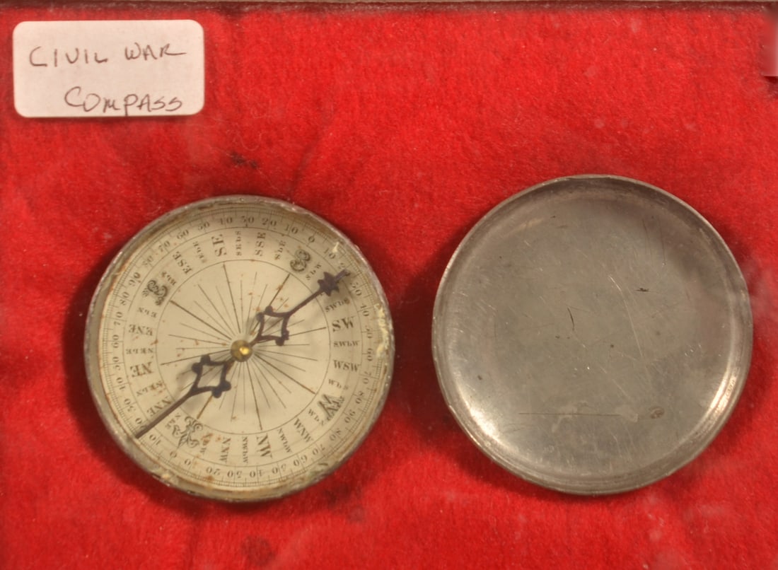 Civil War Era Compass: Separated case, faint and worn engraved name on the front of the case, various chips and roughness on the edges of the glass, overall fair condition.