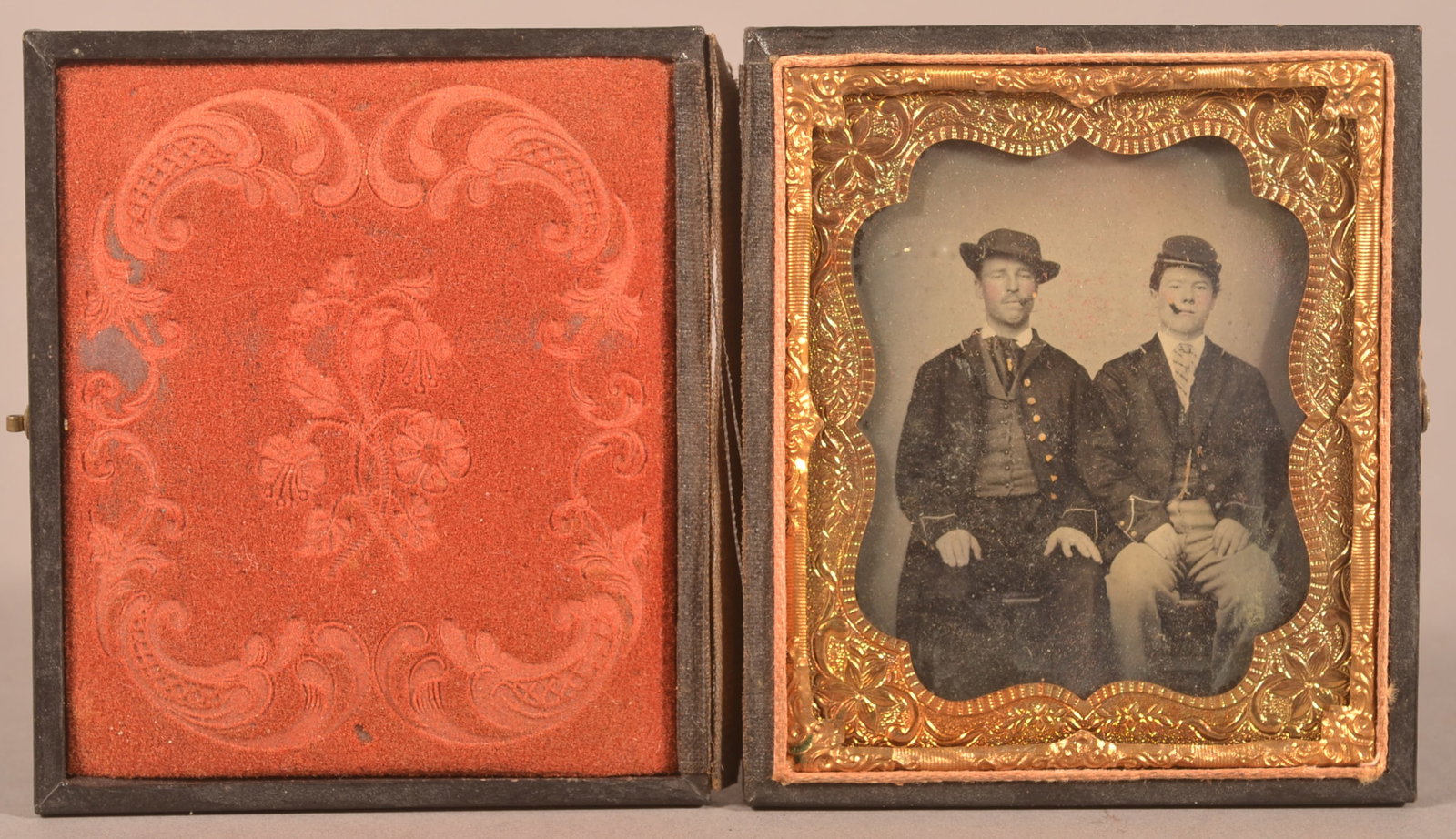 1/6th Cased Ambrotype of Union Soldiers: Clear image with normal signs of age and wear to the case.
