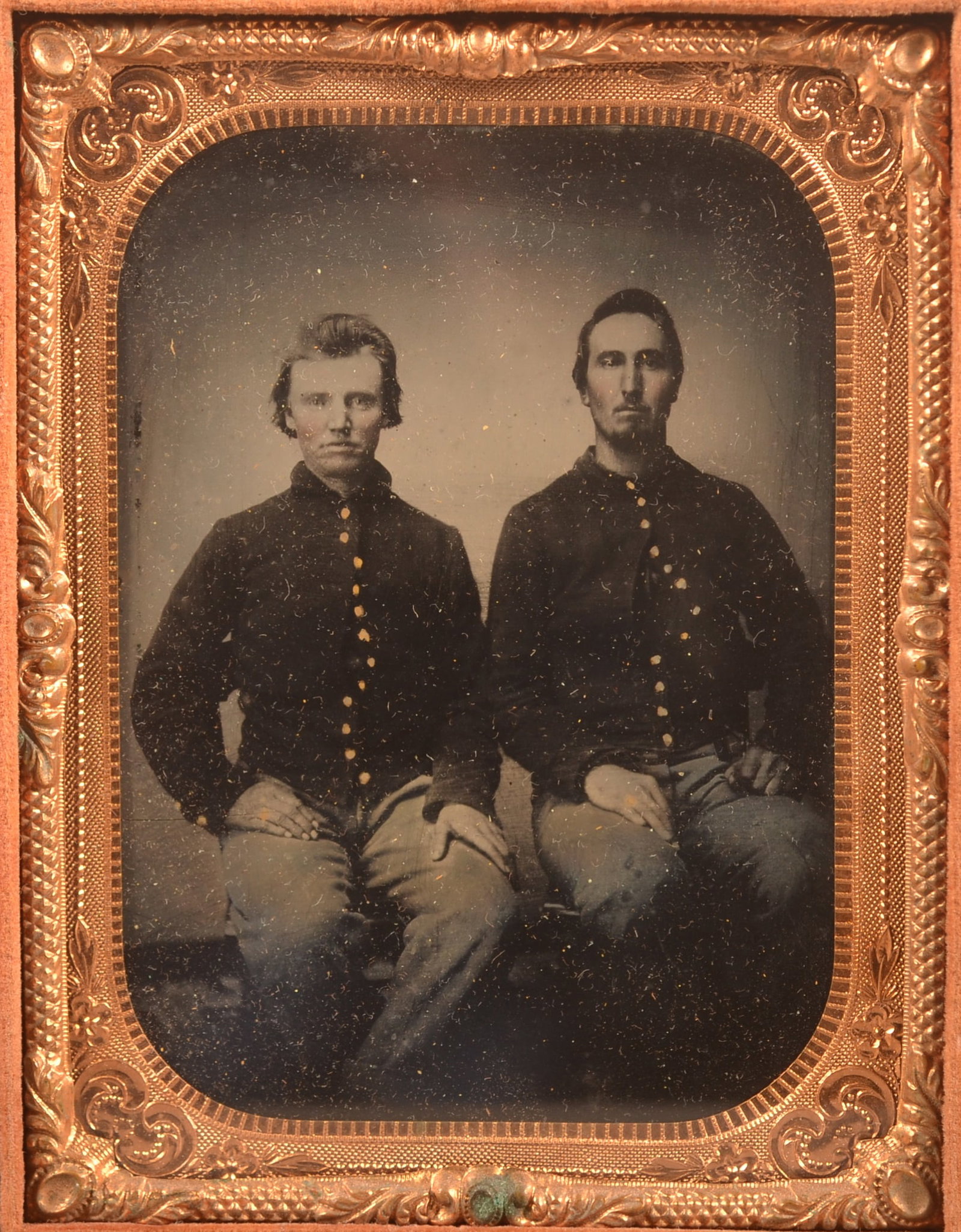 1/4th Cased Tintype of Two Union Soldiers: Clear cased image of two seated Union soldiers, clear image with expected finish wear and loss to the case.