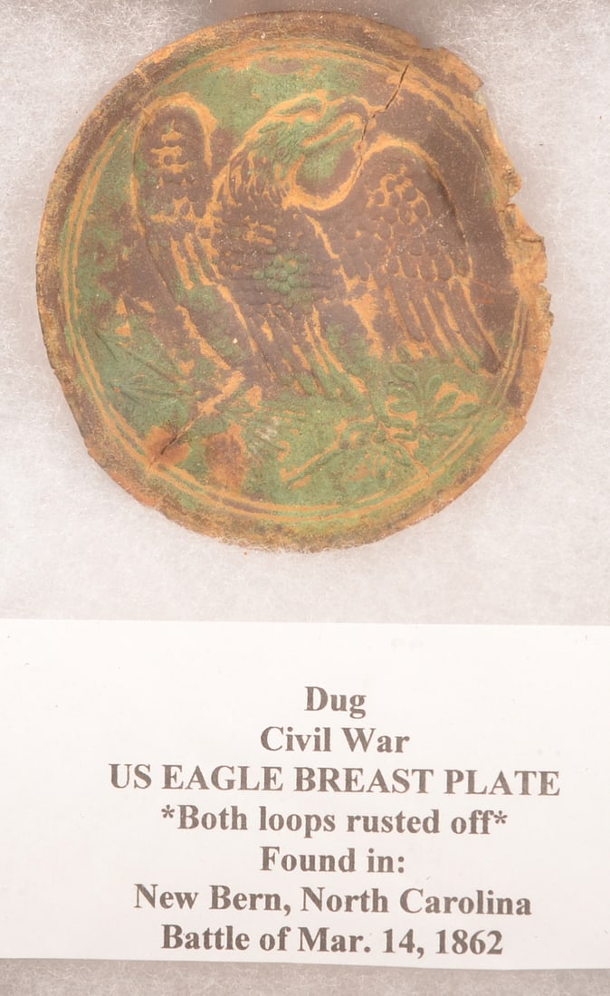 Recovered U.S. Eagle Breast Plate: Both loops have rusted off, was recovered in New Bern, North Carolina, as-found relic condition.