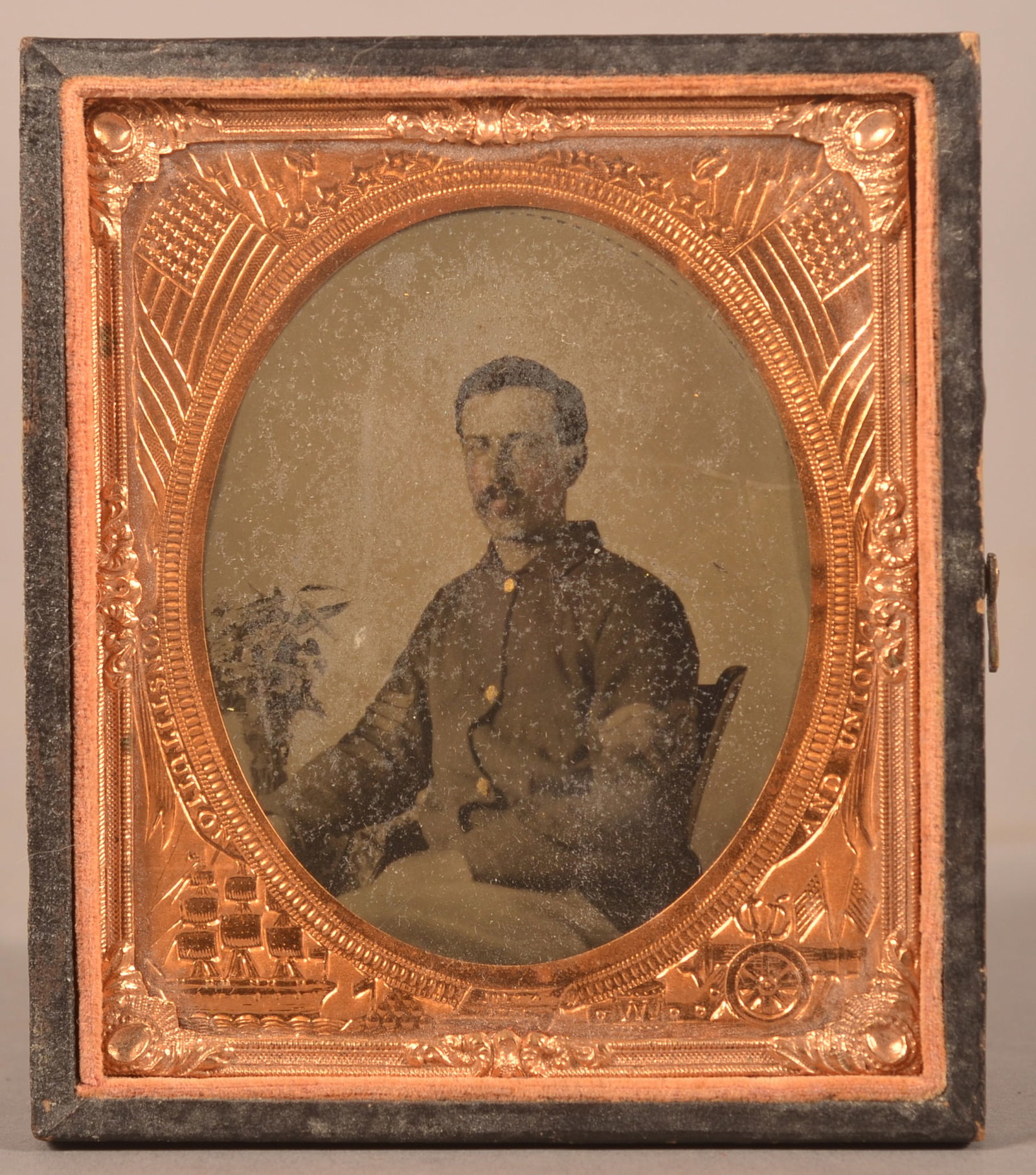 1/6th Cased Tintype of Seated Union Soldier: Clear image with the case missing its cover, normal wear and signs of age.