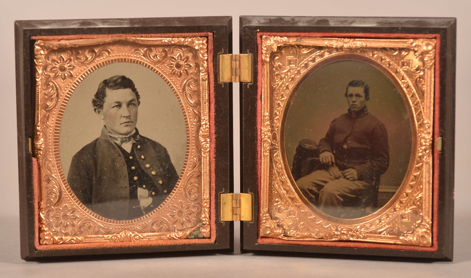 (2) 1/6th Cased Tintypes of Union Soldiers: 2 full uniform dressed images that are crisp and clear, expected finish wear and signs of age to the case.