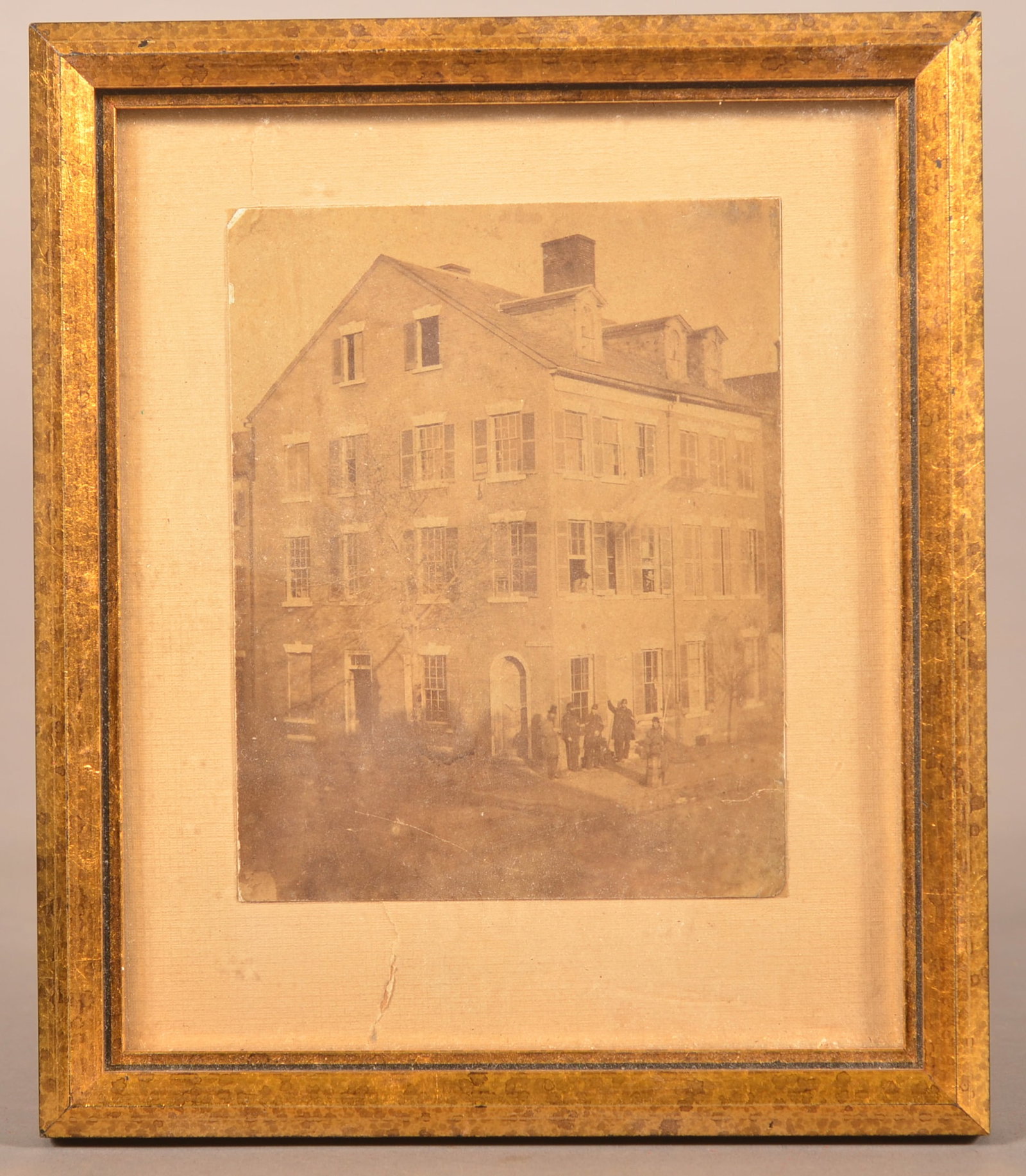 Framed Photograph of Union Soldiers: 3-3/4"x 4-1/2" image of soldiers standing by a home with soldiers also looking out the windows, normal color-toning and wear to the outer edges.