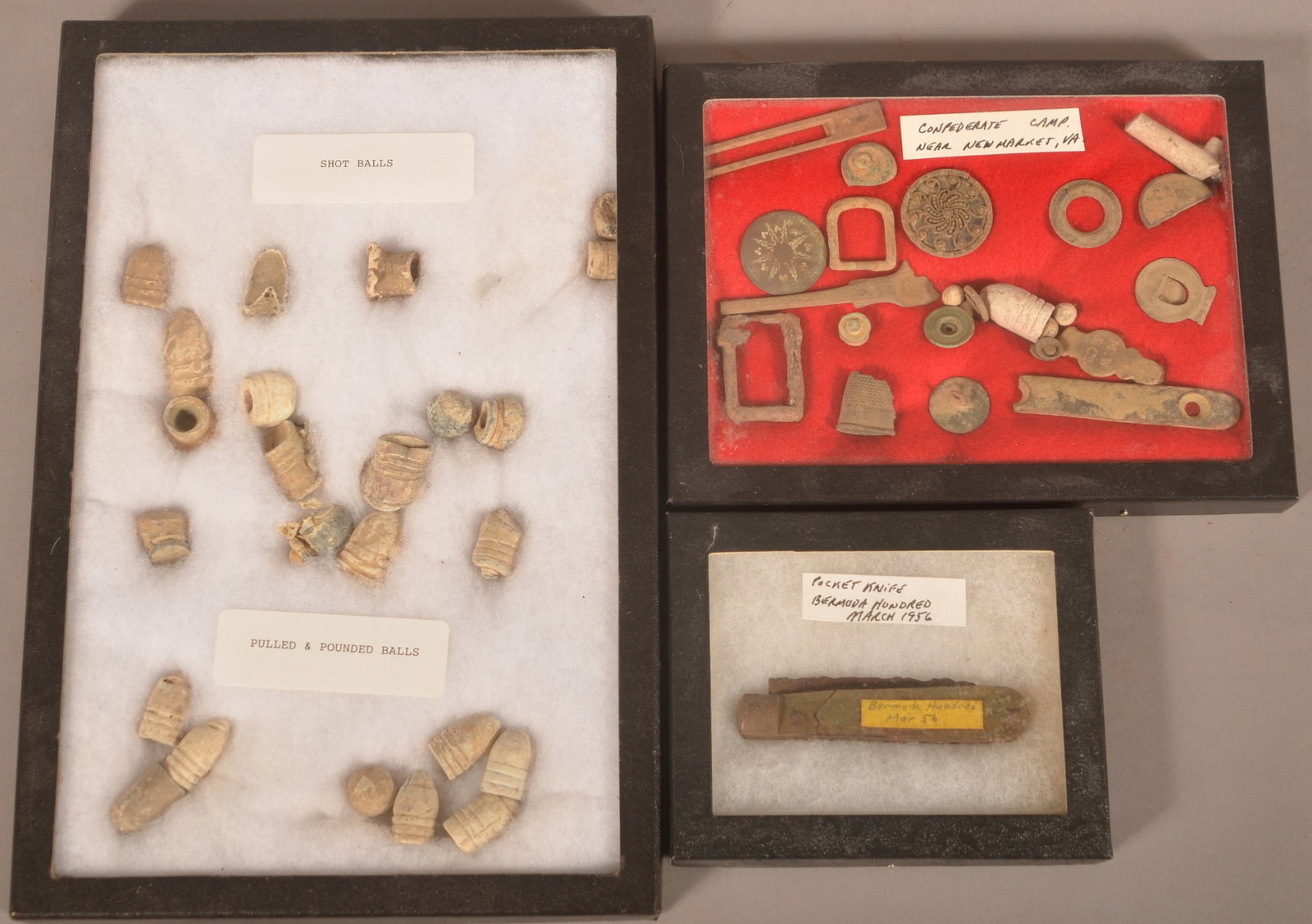 3 Riker Mounts of Civil War Relics: As-found, relic condition.