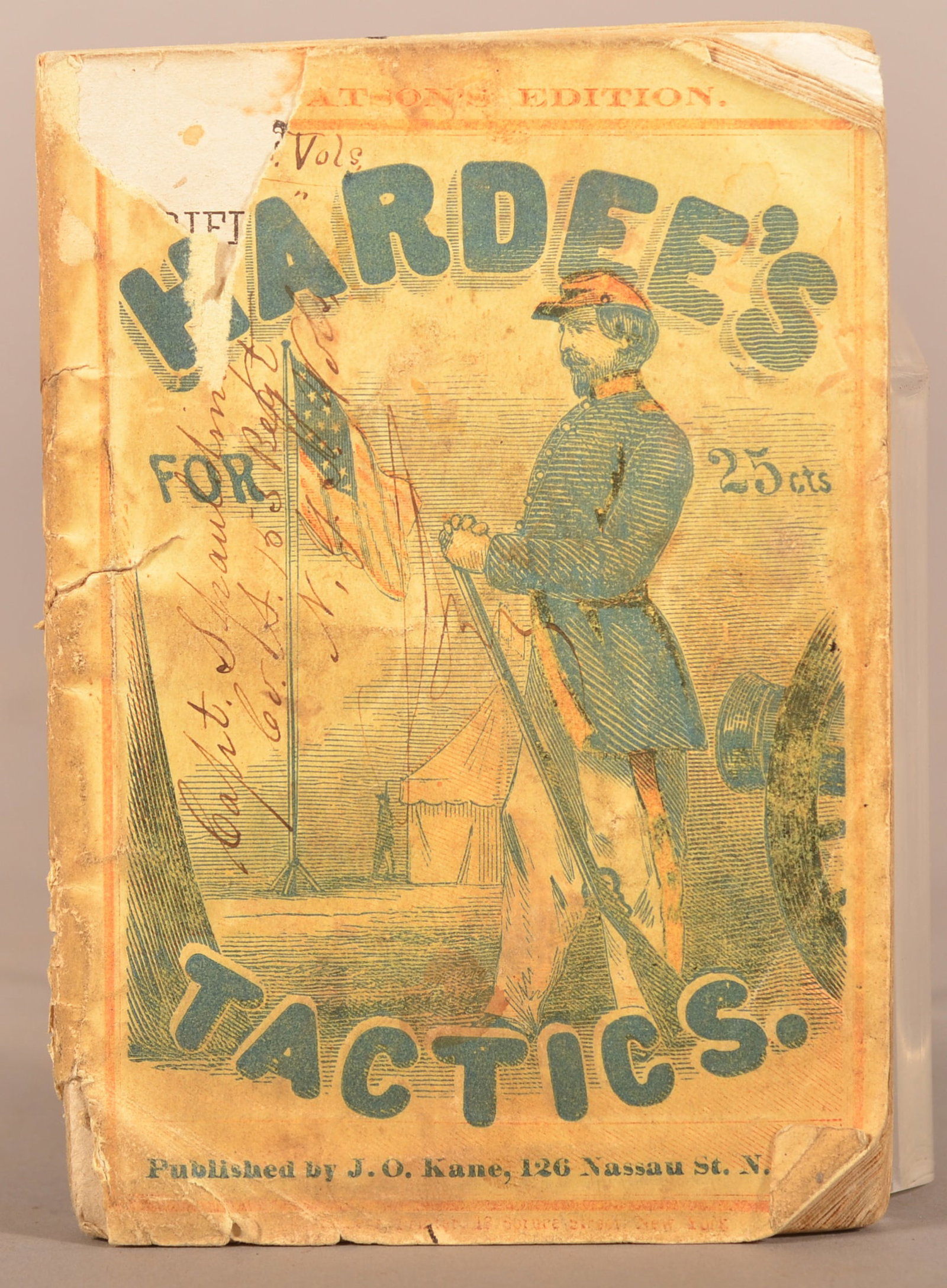 Hardee's Infantry Tactics 1862 Watson Edition: Paperback edition with loss to the cover, normal color-fading and wear, expected wear to the edges, back of book is signed "Capt. Spaulding".