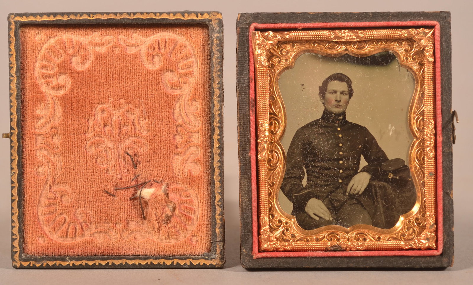 1/9th Cased Tintype of Seated Union Soldier: Separated case cover, clear image, case shows normal signs of age and wear.