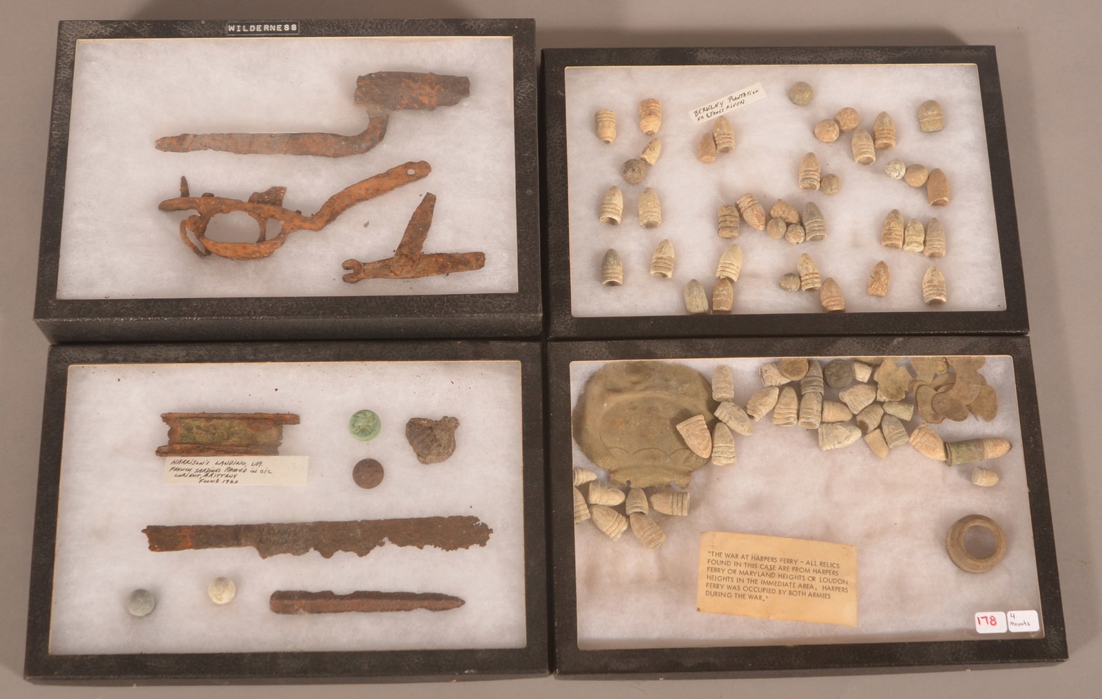 4 Riker Mounts of Civil War Relics: As-found dug condition.