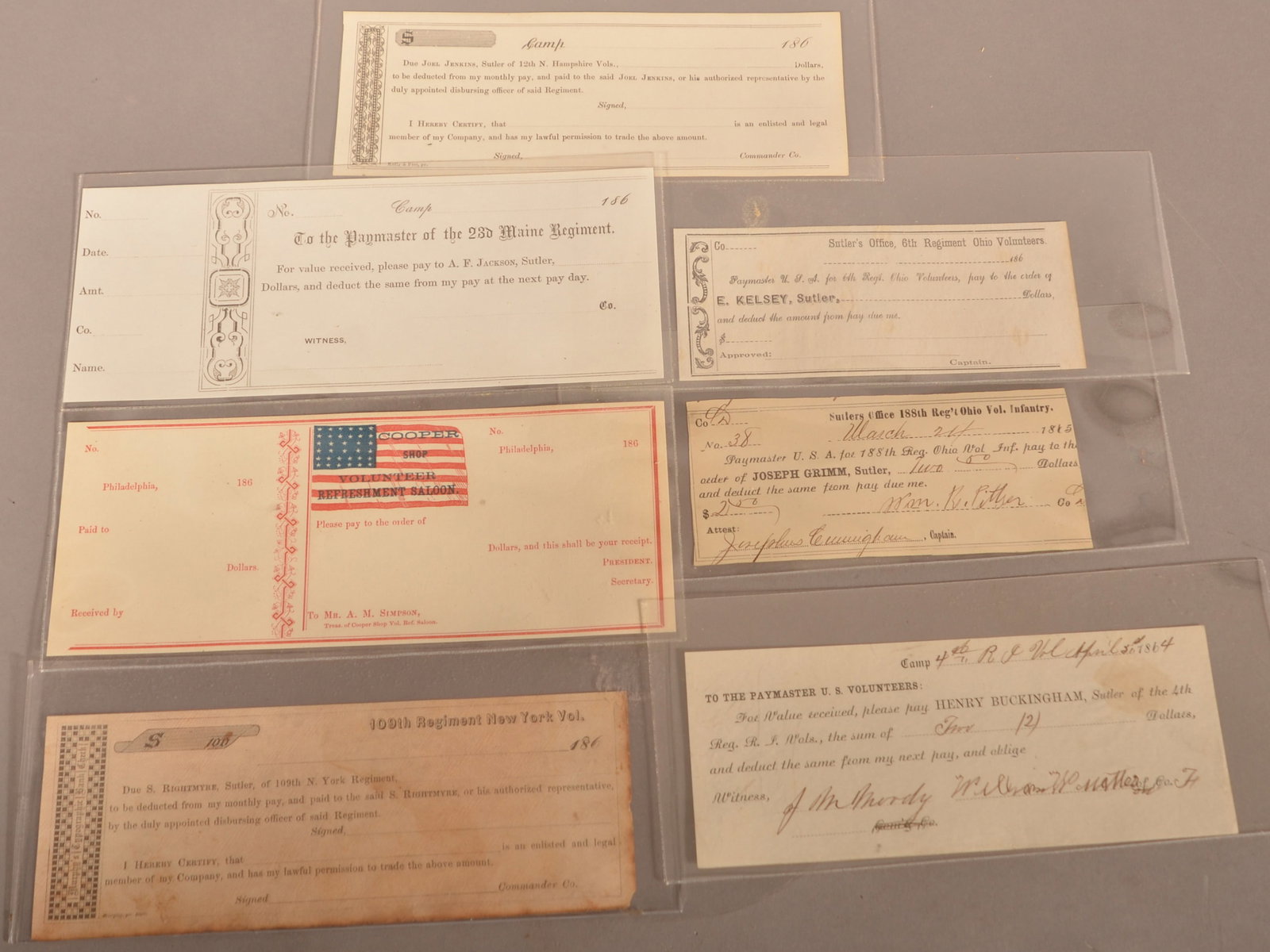 Assortment of Civil War Pay Slips: Normal color toning and signs of age, some are blank, overall good condition.