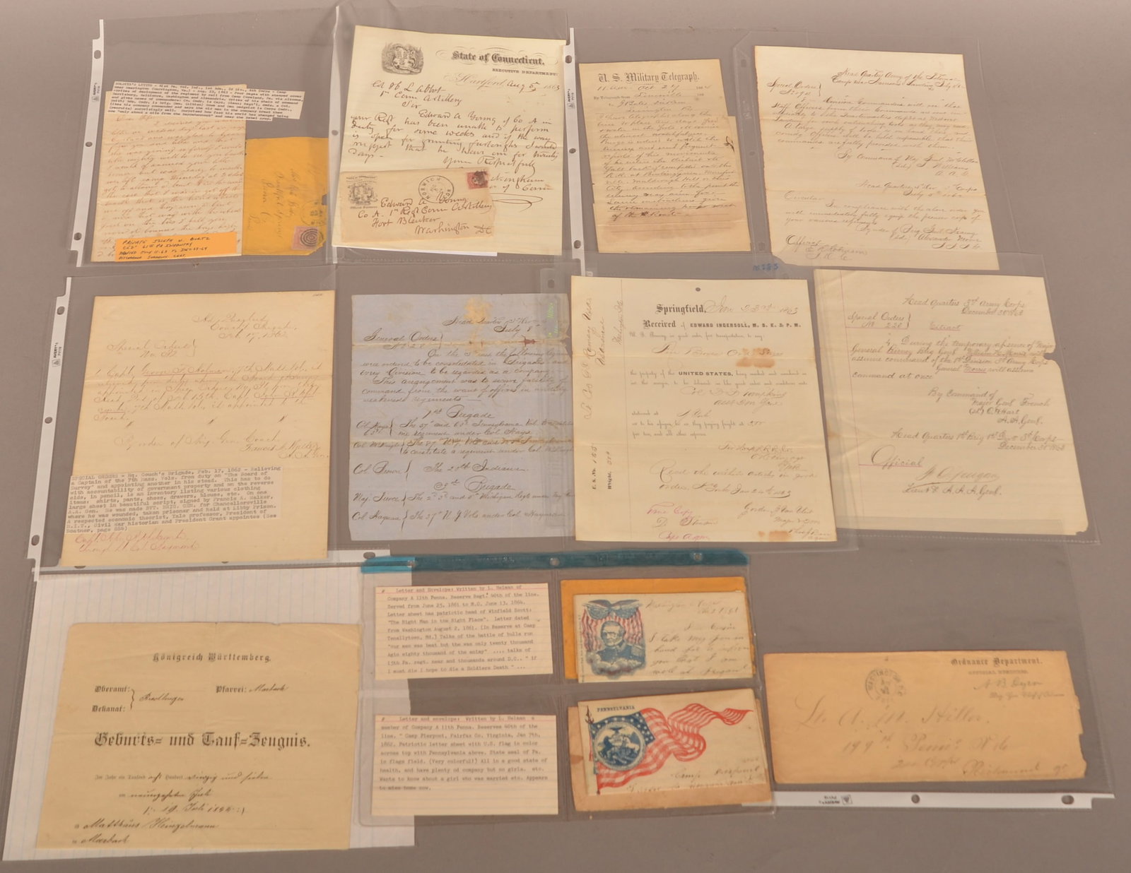 Civil War Letters and Special Orders: Having two letters written by L. Helman of the 11th Pa. reserves that talk about the battle of Bull Run includes envelopes and headquarters papers. Normal color toning and signs of age.