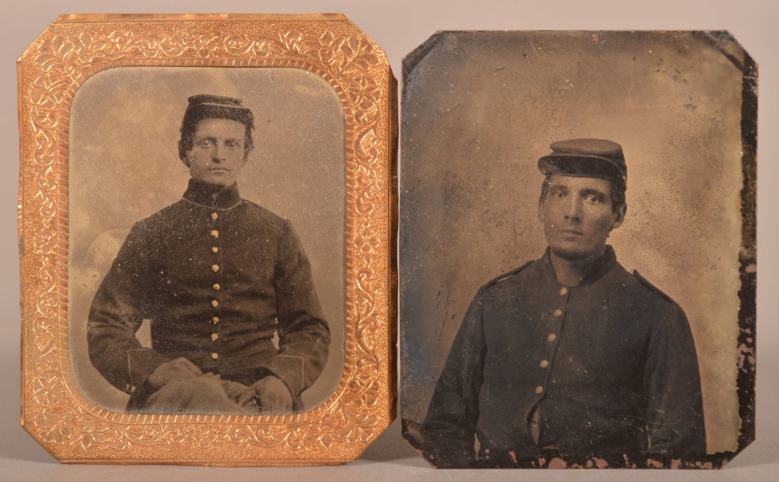 (2) 1/6th Plate Tintypes of Union Soldiers: Clear images in full uniform with areas of light blistering, minor image wear and fading, overall fair condition.