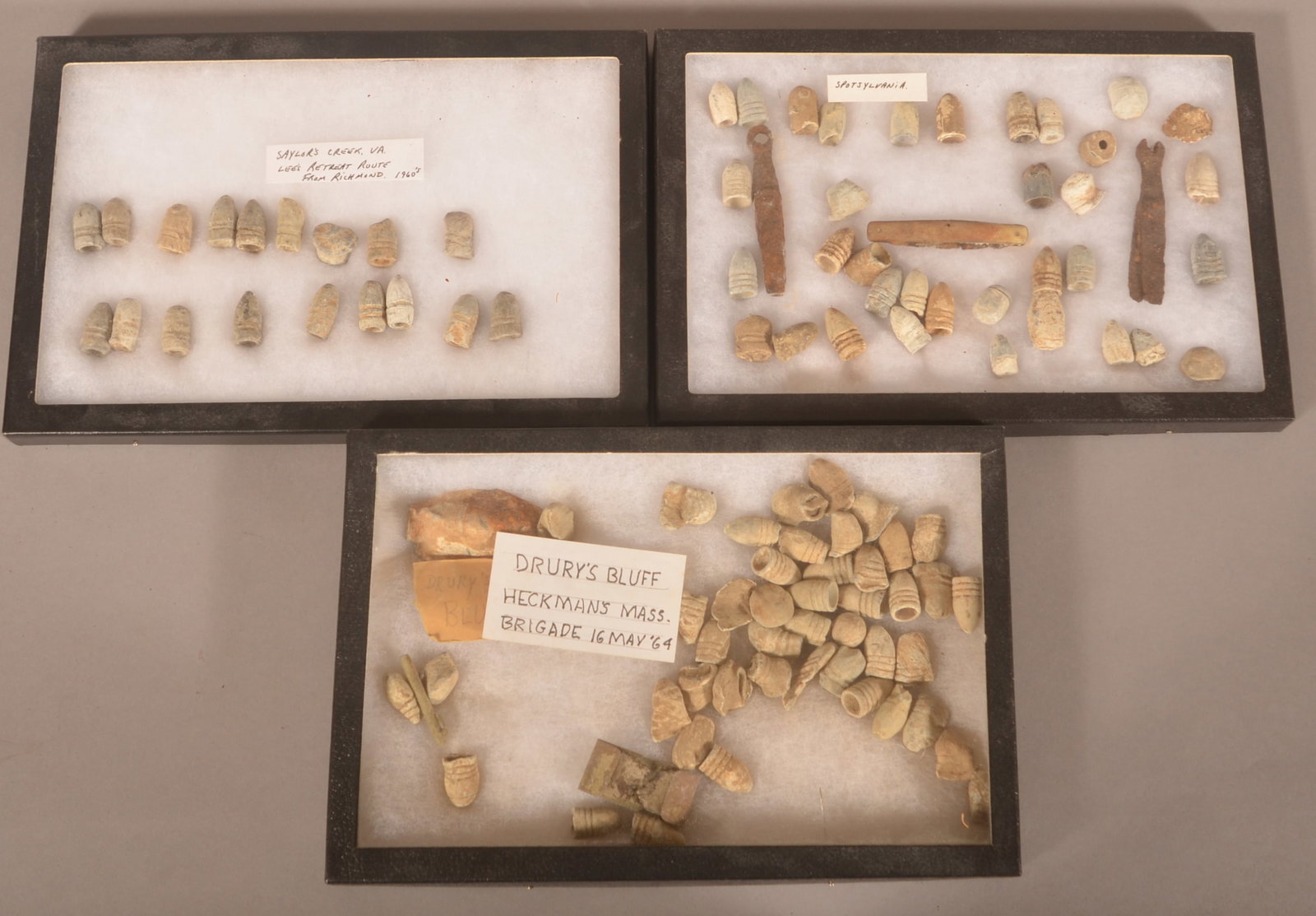3 Riker Mounts of Recovered Civil War Minie Balls: As-found dug condition.
