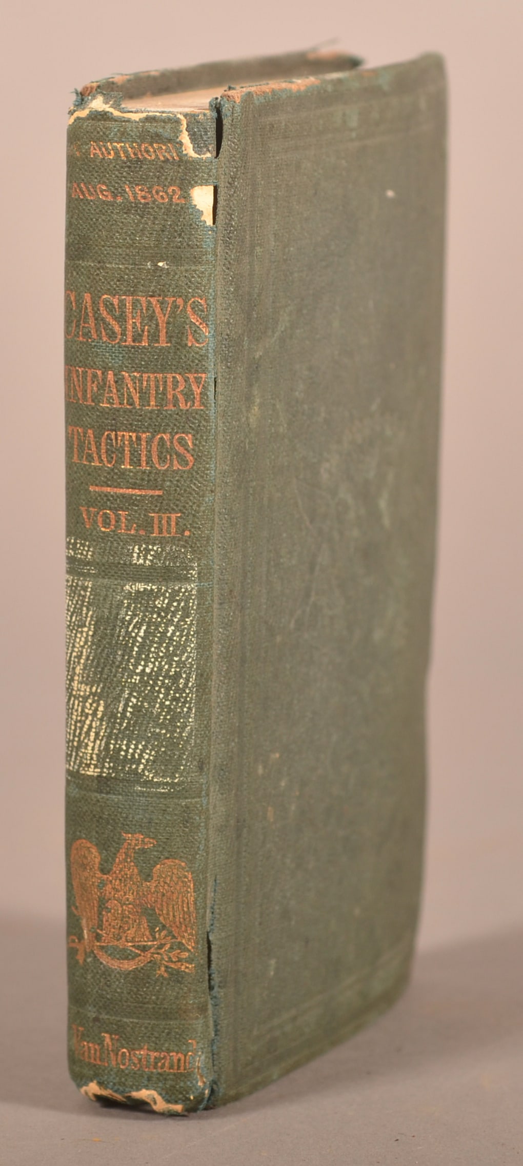 Infantry Tactics Vol. 3 by Brig-Gen. Casey 1862: Inside is signed C.W McClintock. Research found him to be a member of the 192nd Pa. Infantry. Faded, worn, aged finish with color toning and age discoloration, front cover is starting to seperate, ove