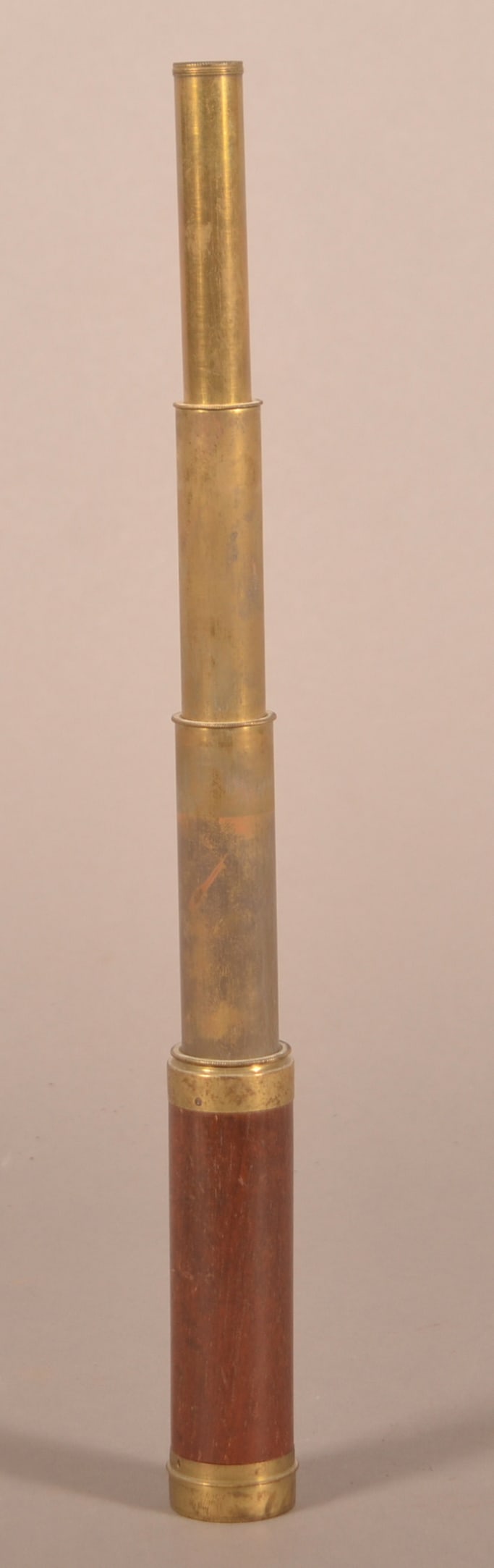 Civil War Pocket Telescope: Extends to 12" long, turned wood and brass construction, having a untouched, aged patina, normal finish scratches and wear to the turned wood body, front of the scope is missing the brass tack for att