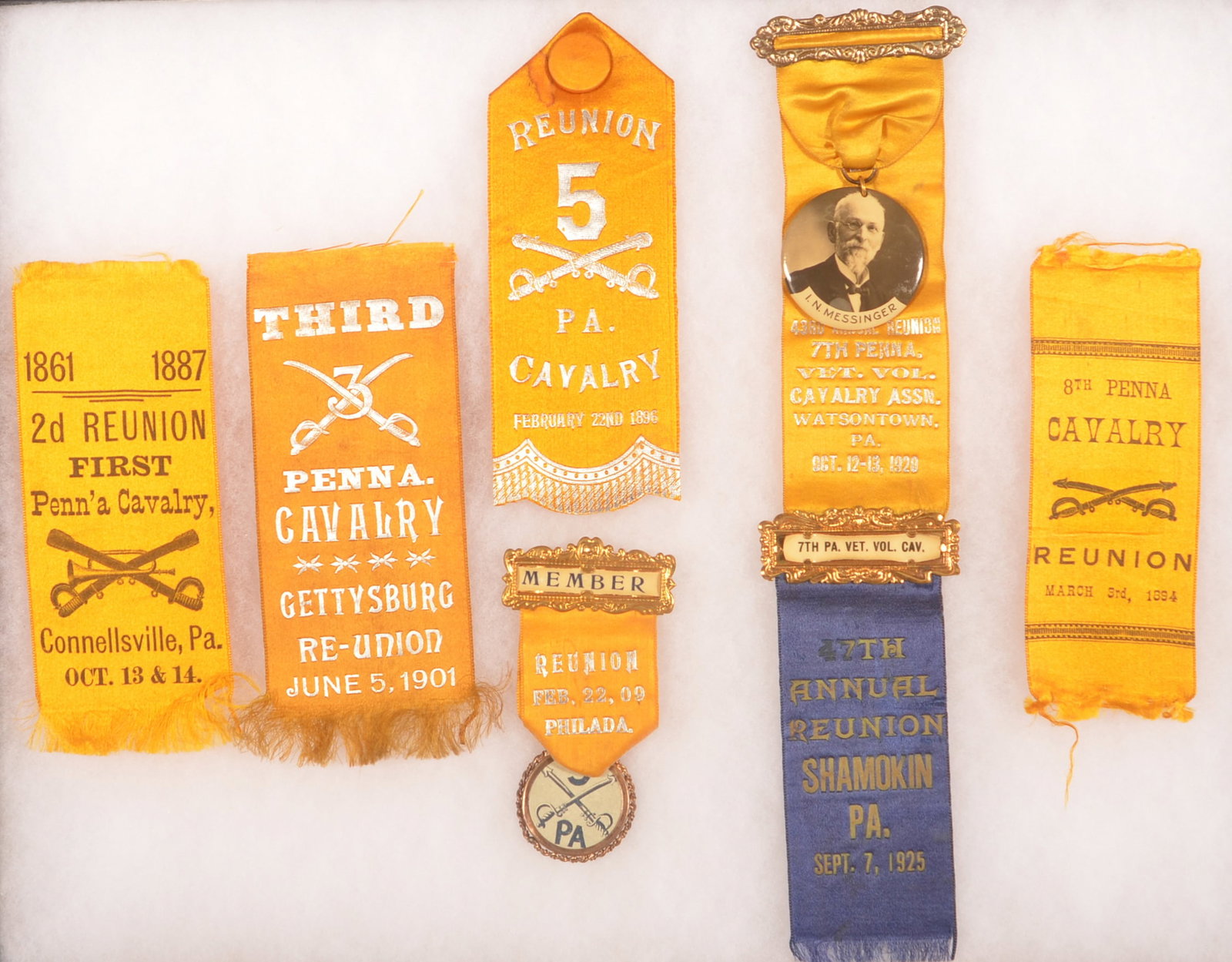 Assortment of Pa. Cavalry Reunion Ribbons: Expected age discoloration with loose threads, overall fair to good condition.