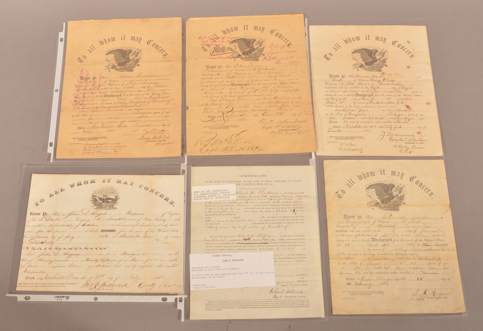 6 Pa. Cavalry Discharge Papers: As-found condition with areas of foxing and normal color toning, some showing handwritten pay information, overall fair condition.