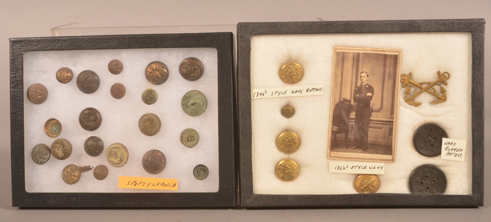 CDV of Naval Officer with Recovered Buttons: Two riker mounts with recovered buttons includes a Confederate button, infantry and navel buttons, As-found relic condition.